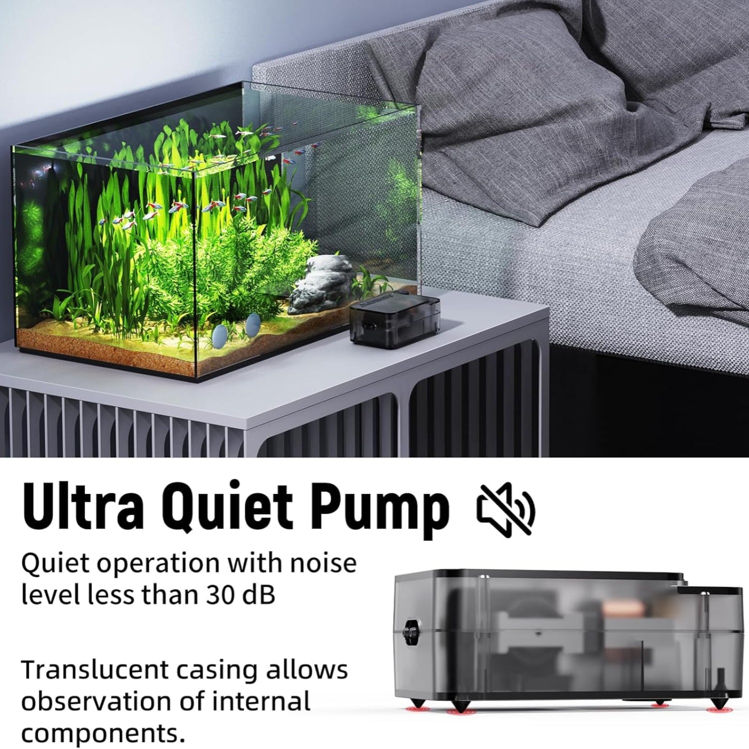 AQUASMITH ultra-silent small aquarium air pump with compact design, displaying the aerator and output nozzle for fish tanks.
