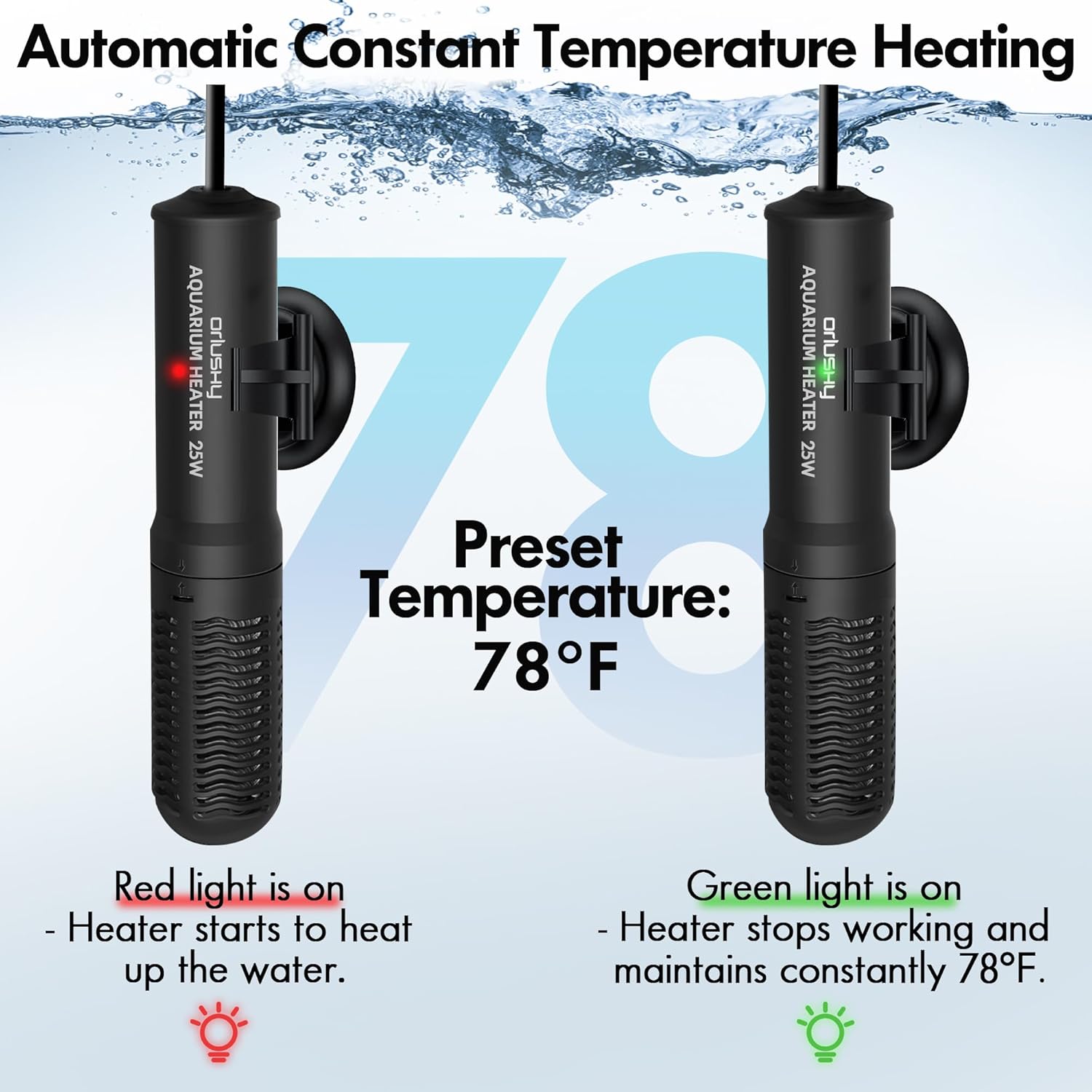 Orlushy 25W Small Submersible Aquarium Heater, Constant Temperature