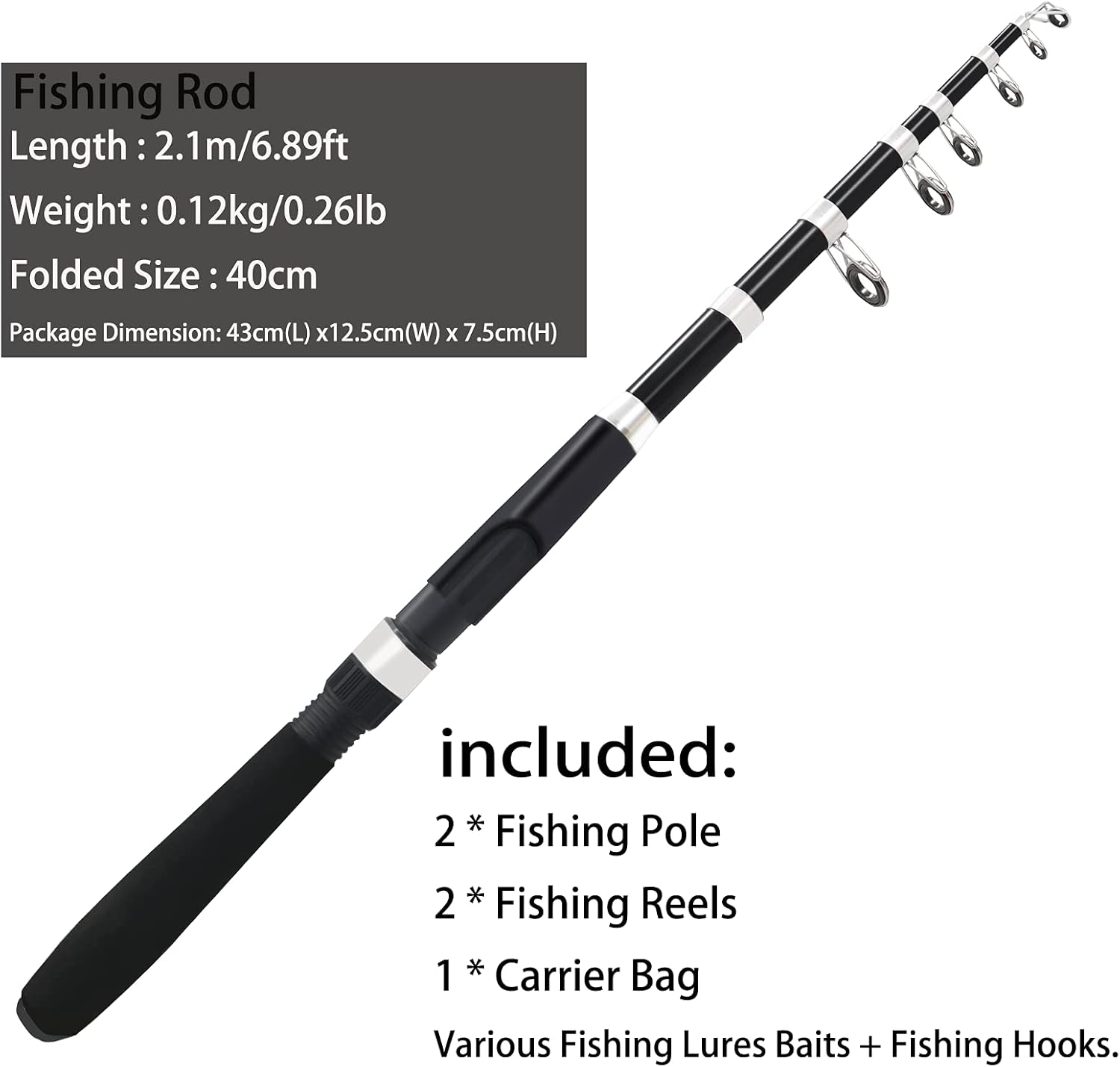 MiniStoreAm fishing pole combo set with two 2.1m collapsible rods and spinning reels, ideal for freshwater fishing.