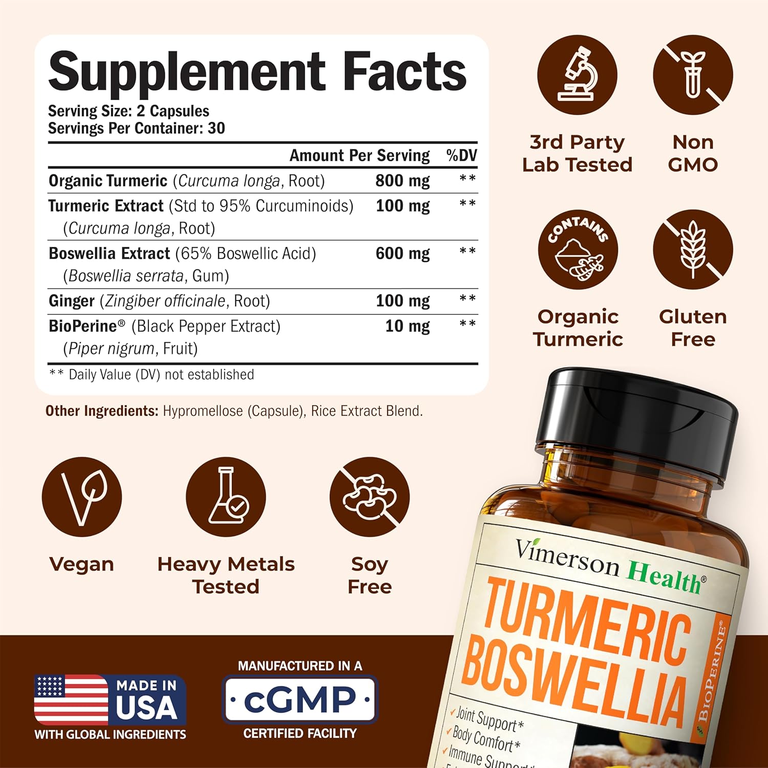 Vimerson Health turmeric supplement with Boswellia Serrata for joint health, showing bottles of dietary capsules on a white background.