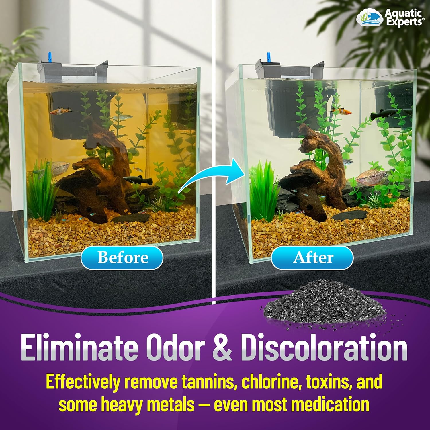 Aquatic Experts premium activated carbon for fish tank filters, aquarium filter media to remove impurities and improve water clarity.