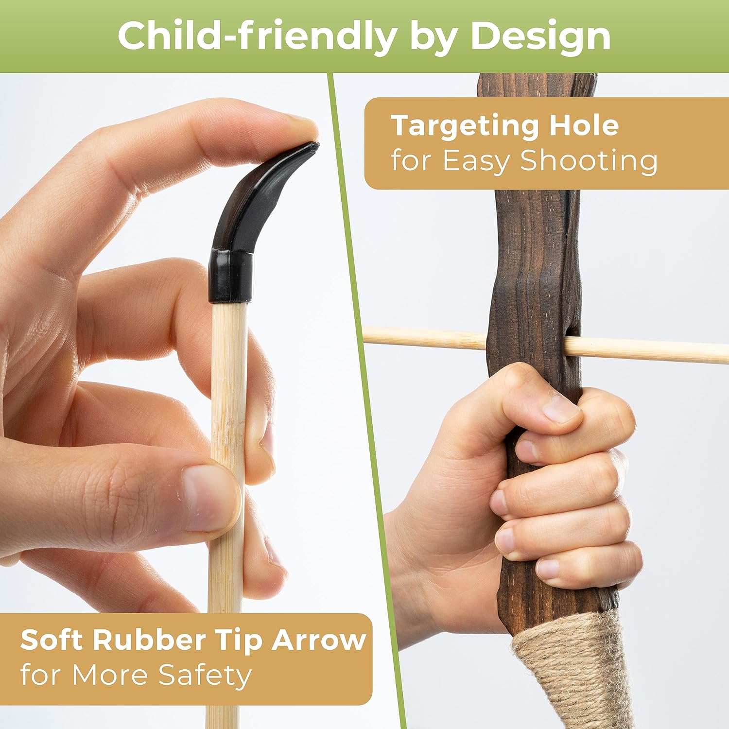 BOWRILLA® wooden bow and arrow set for kids with 10 arrows and a quiver, showcasing the toy archery set with colorful arrows.