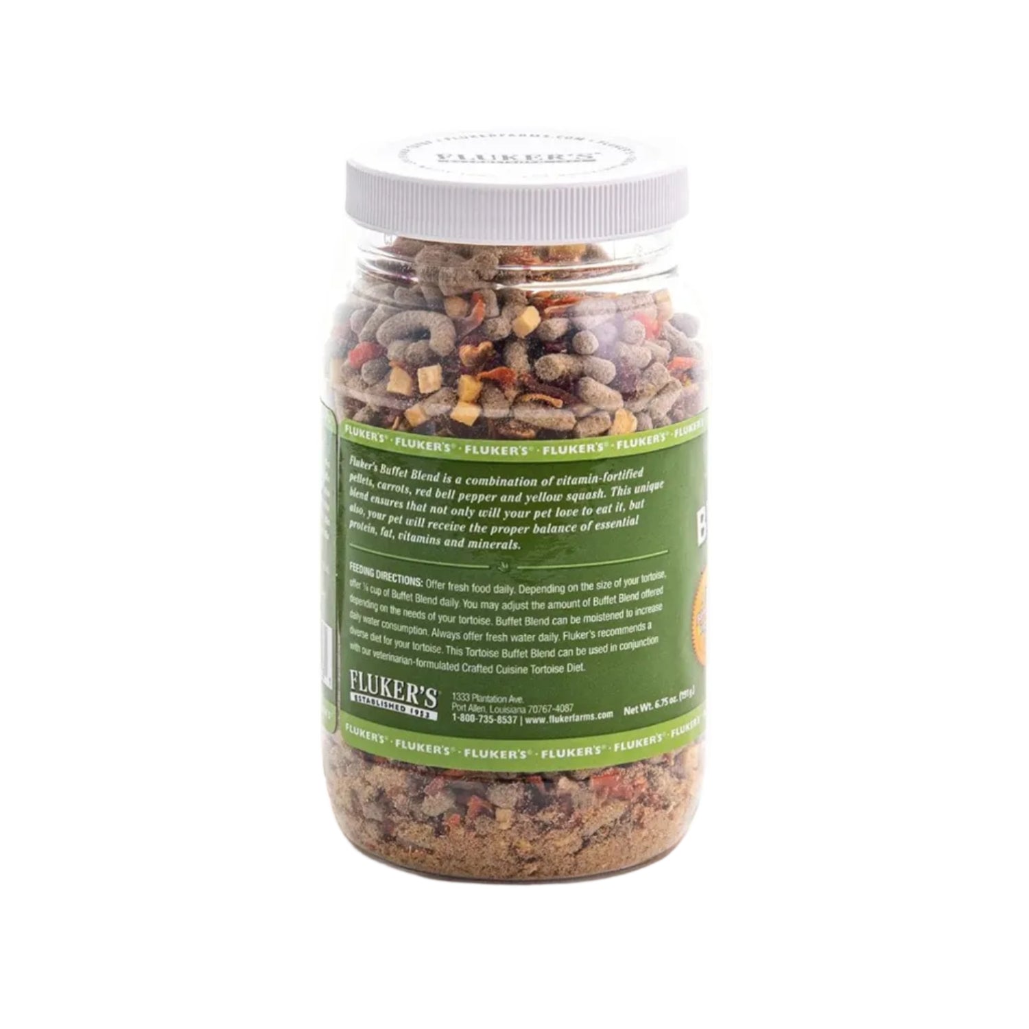 Fluker's Buffet Blend Tortoise Diet with vegetables and fortified pellets in a 6.75 oz package, suitable for herbivorous reptiles.