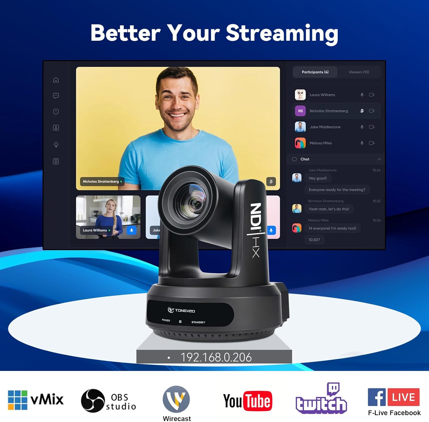 TONGVEO NDI PTZ Camera with AI Auto-Tracking: 20X Optical Zoom HDMI SDI USB