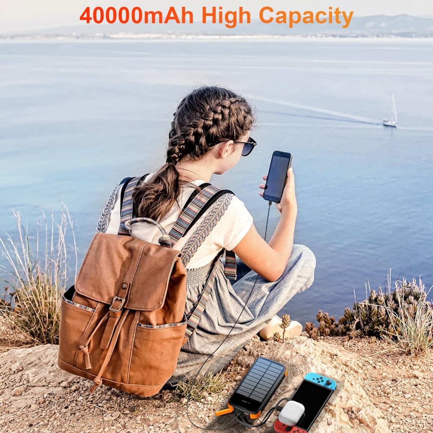 SOXONO solar charger power bank with 40000mAh capacity, PD 20W fast charging external battery, portable and eco-friendly design.