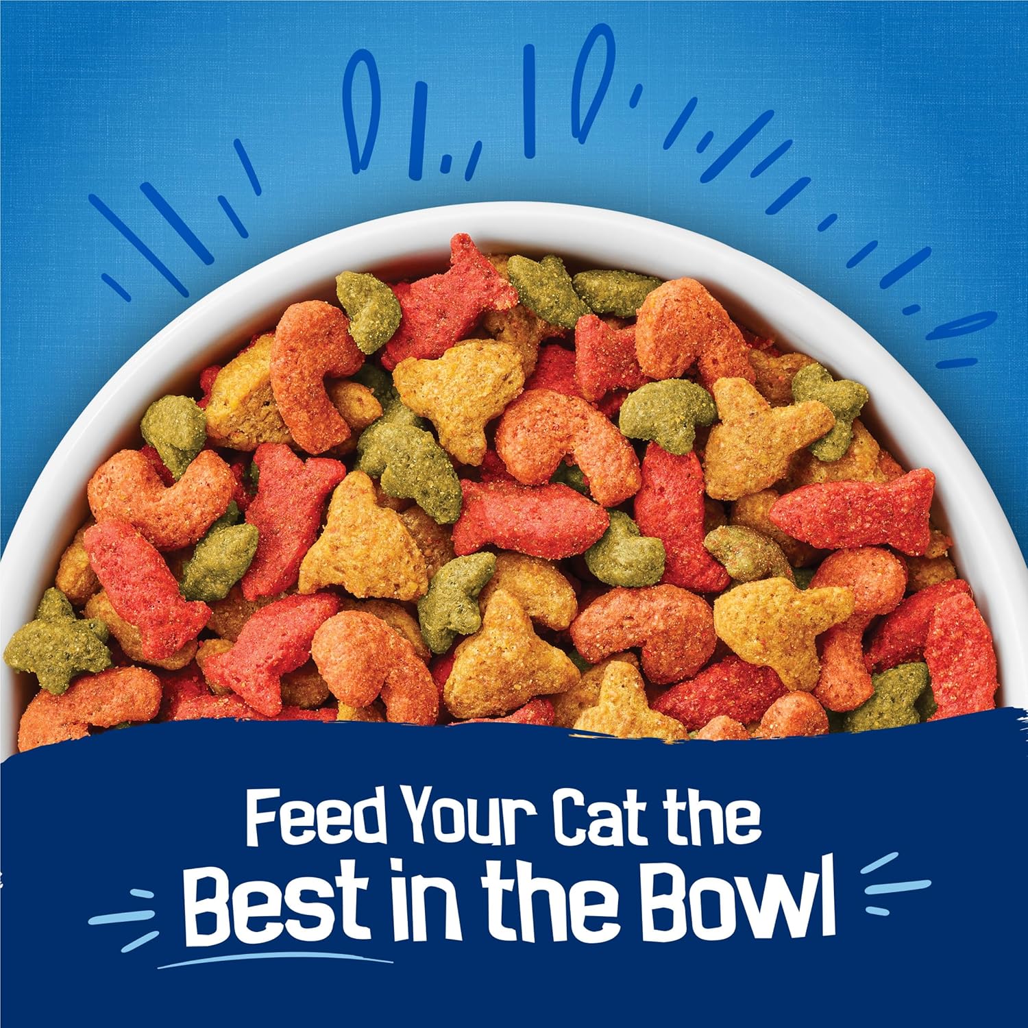 Dry cat food bag from Friskies Seafood Sensations with salmon and tuna flavor, featuring colorful packaging and cat imagery.