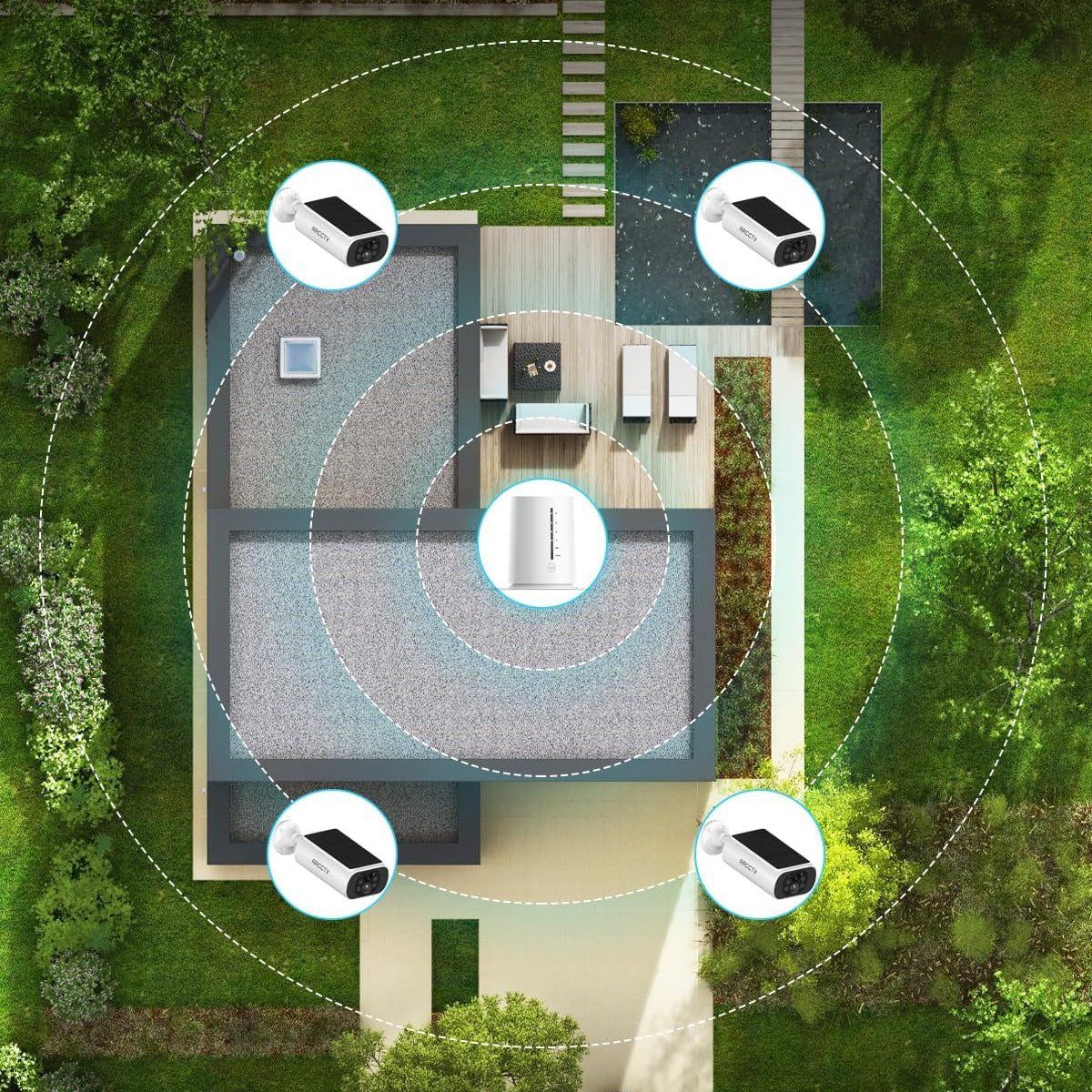 Wireless outdoor solar security cameras by ARCCTV, 4MP 4-camera kit showing weatherproof cameras with solar panels and protective casings.
