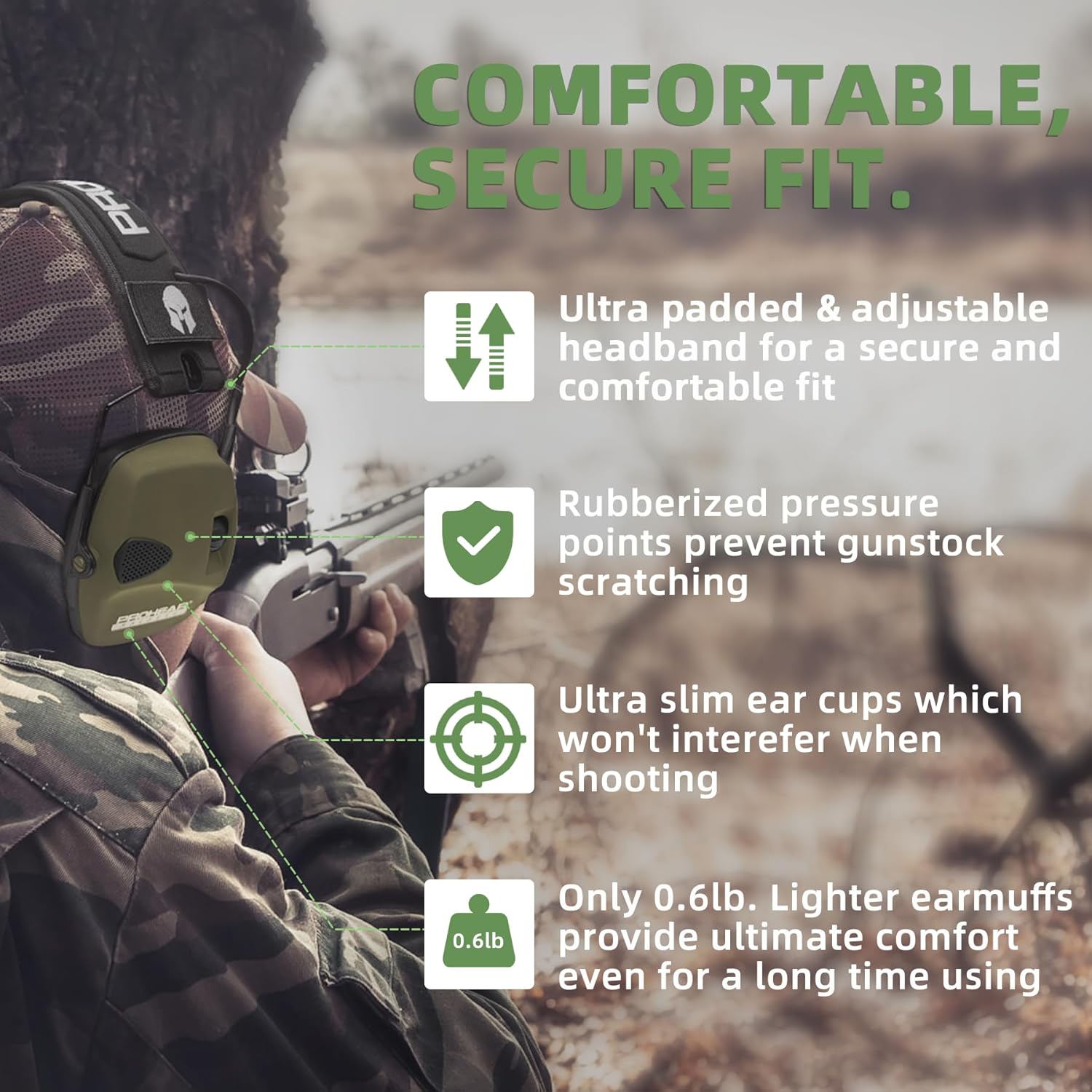PROHEAR electronic ear protection for shooting with 4X sound amplification, showing the compact, black ear muffs with control panel