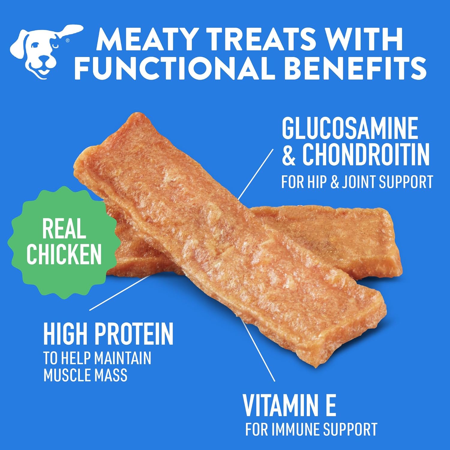 Dogswell hip and joint dog treats in grain-free style, made in the USA, featuring chewy jerky treats for dogs.