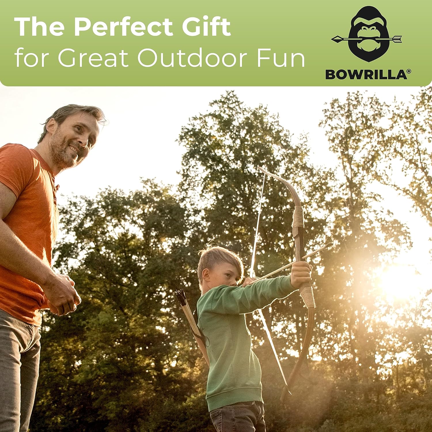 BOWRILLA wooden bow and arrow set for kids with 10 arrows and quiver, featuring colorful, lightweight wooden toy archery equipment.