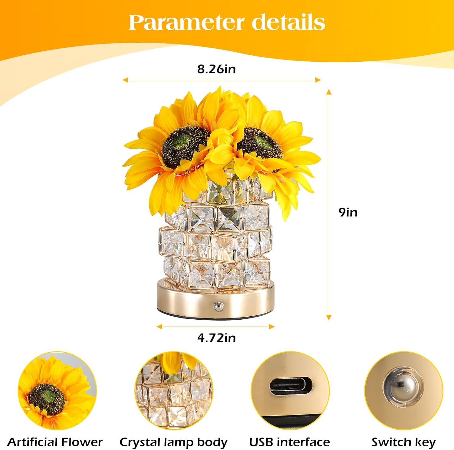 Sunflowers Flower Lamp,Rechargeable Cordless Touch Table Lamp,3-Colour Infinitely