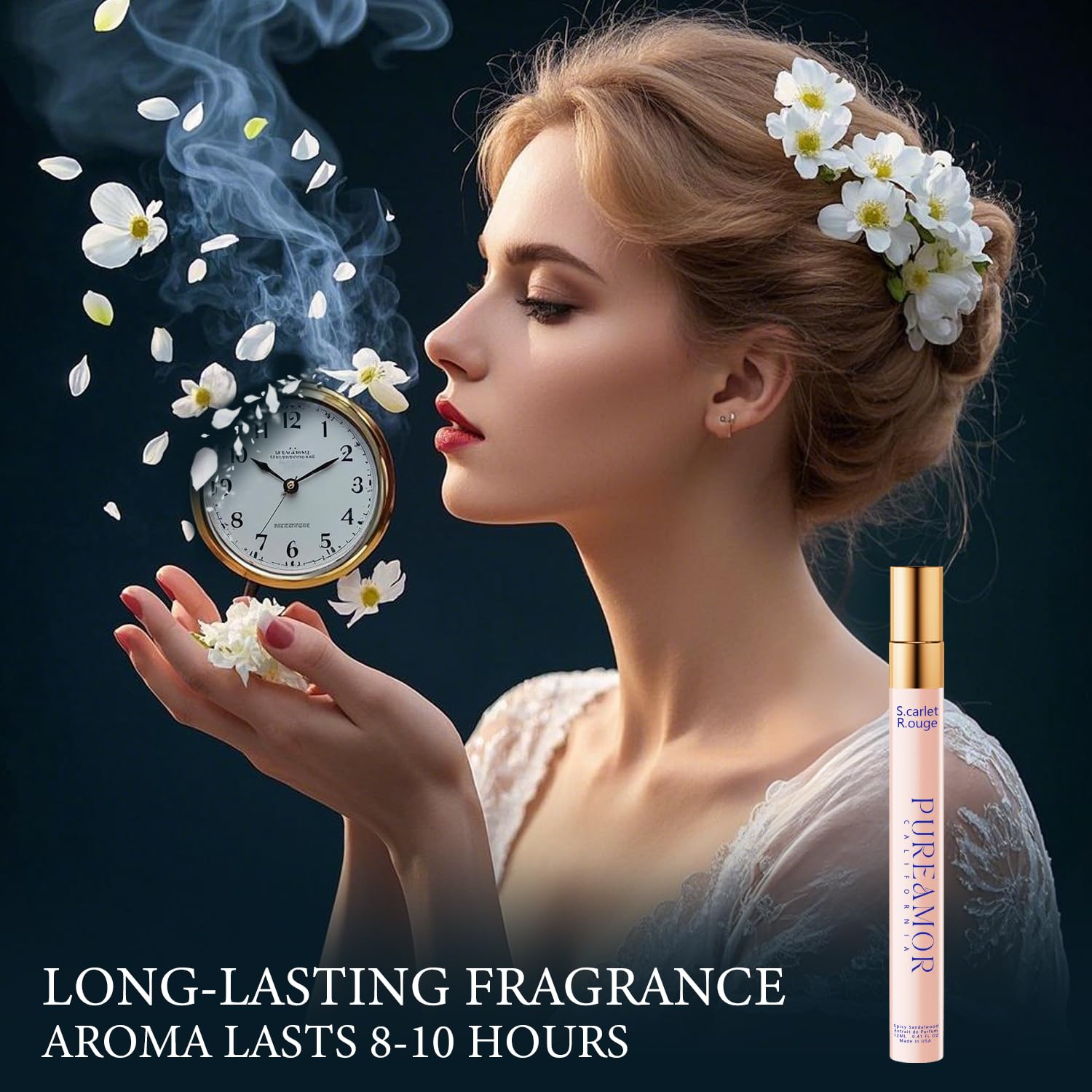PUREAMOR Saffron Amber Pheromones Perfume for Women, long-lasting Eau De Parfum bottle with elegant packaging.