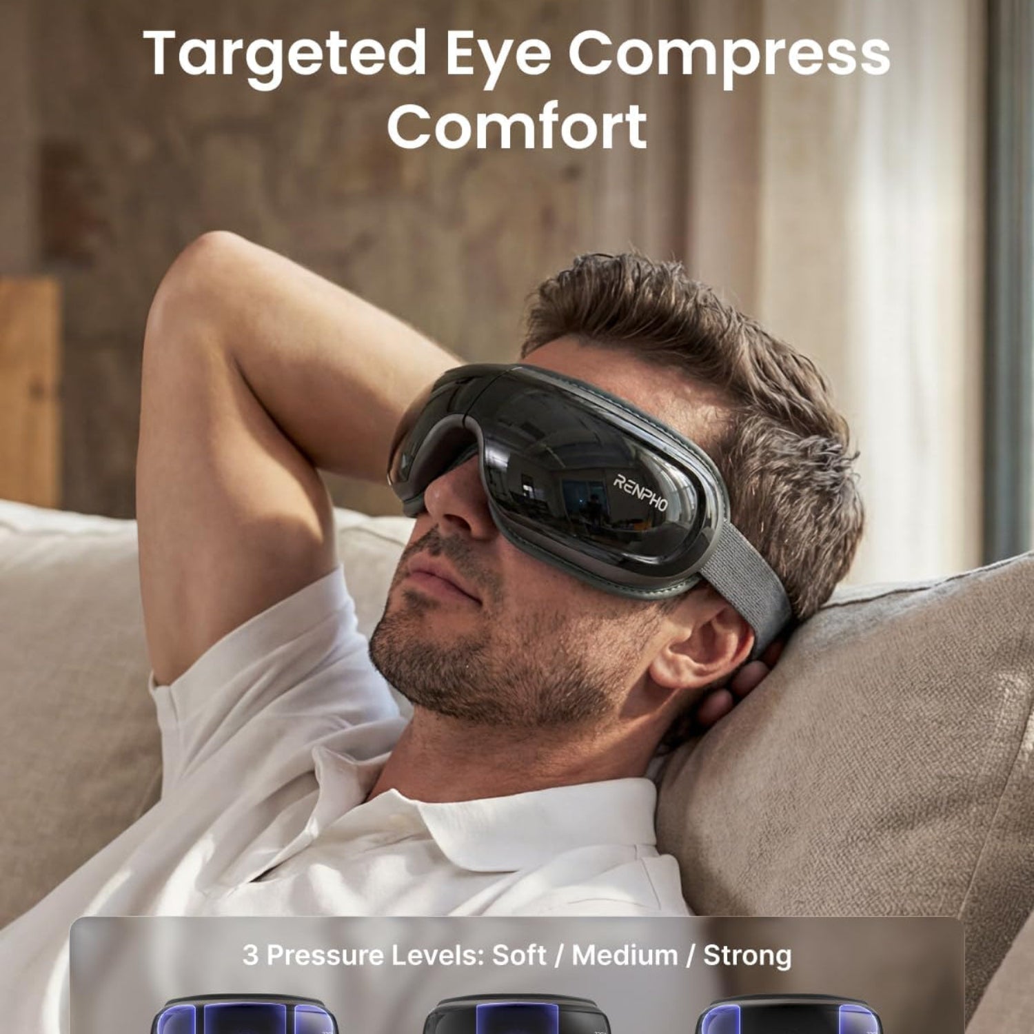 RENPHO Eyeris 3 Eye Massager with heat, cooling, and voice control showing its sleek design and control buttons.