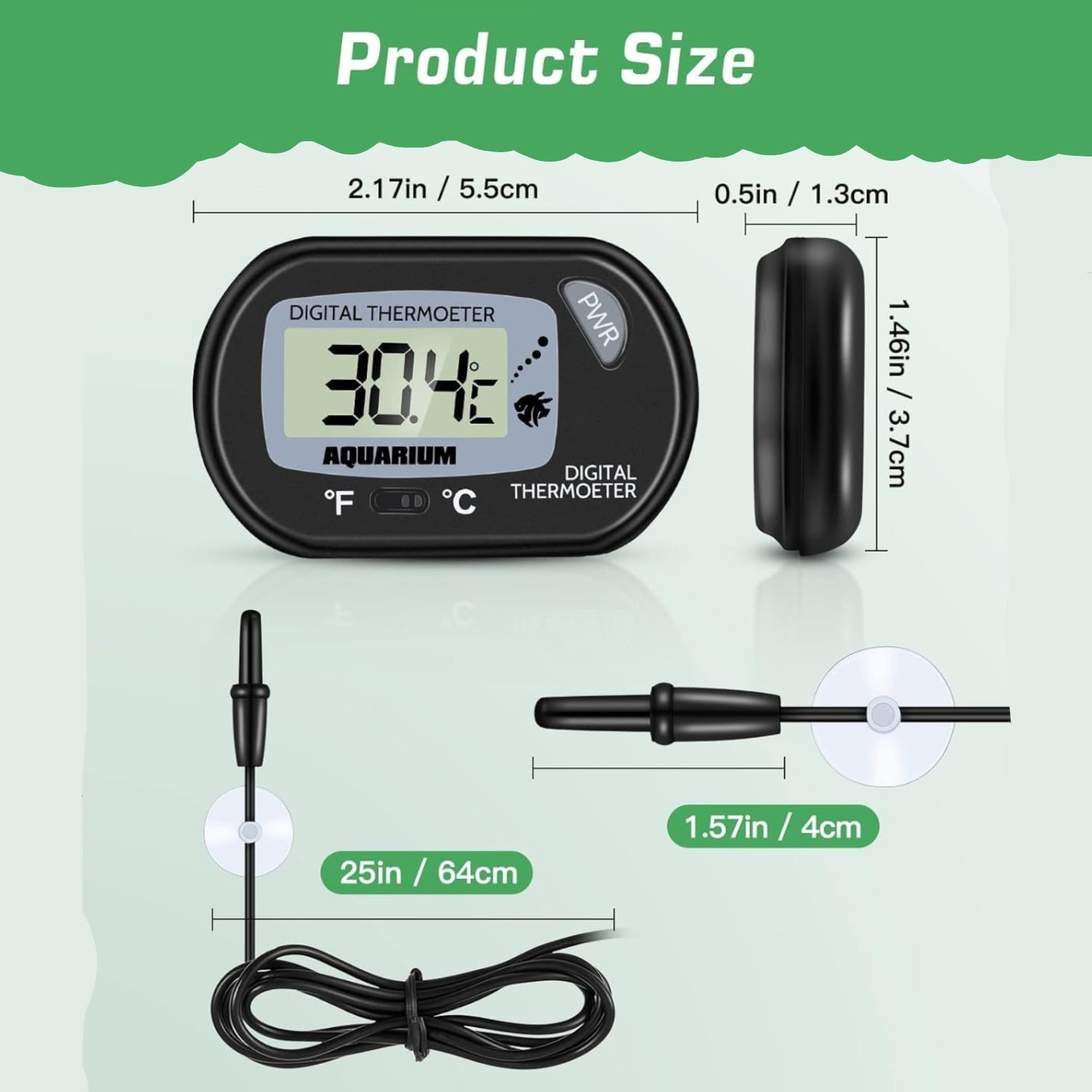 Zacro Petbank LCD digital thermometer for fish tank and terrarium, showing water temperature with clear LCD display.