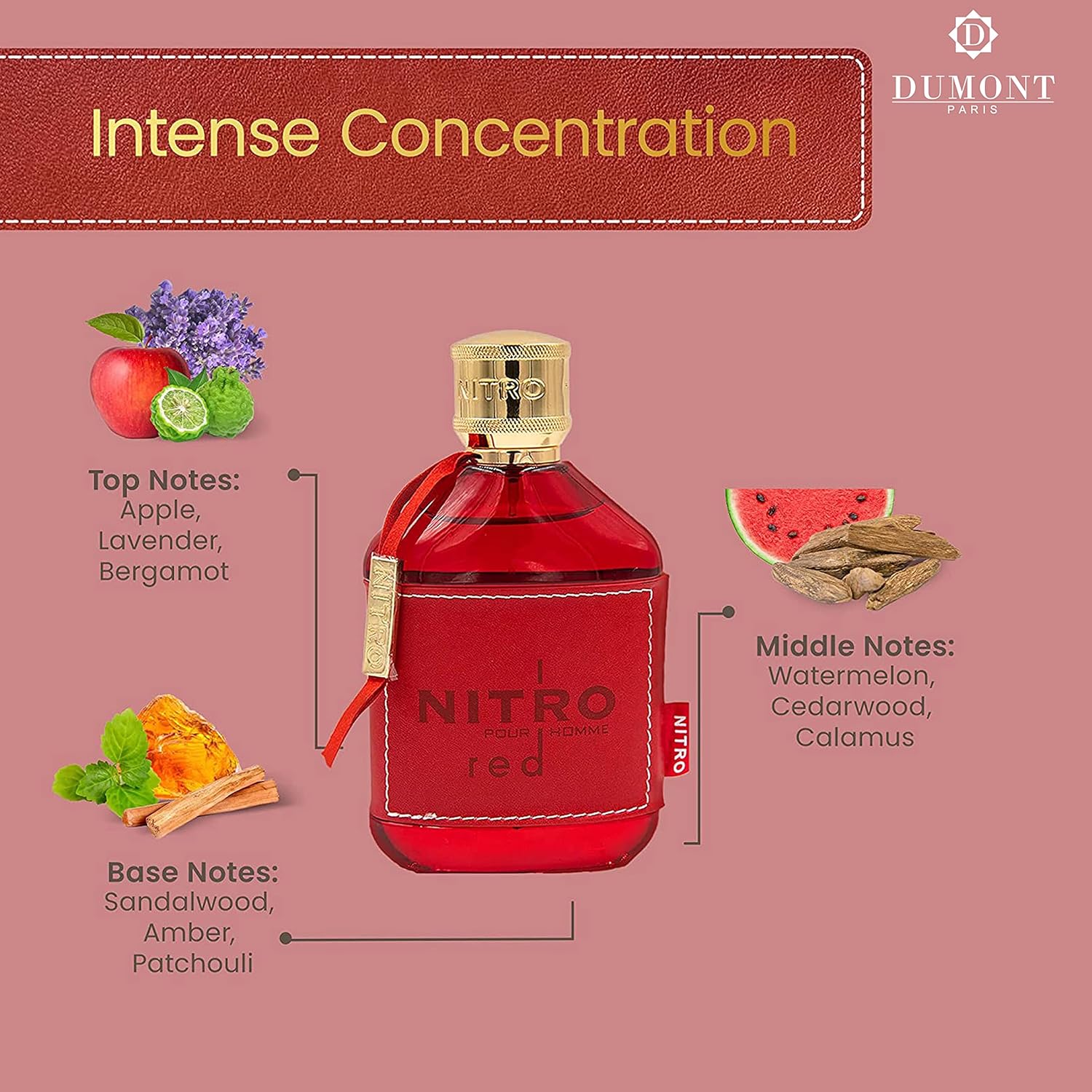 Dumont NITRO RED men's eau de parfum bottle, 3.4oz, with a sleek design; features fruity and woody scent notes.