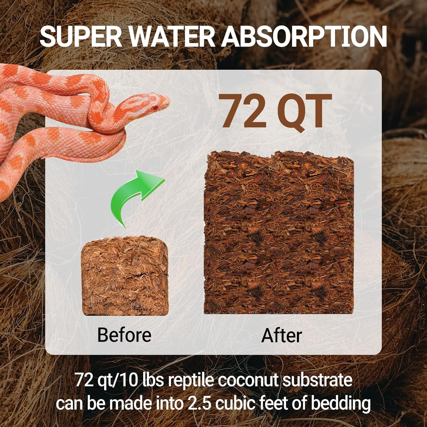 REPTI ZOO 72 Quart Reptile Coconut Chip Substrate with coco husk, showing the textured, brown reptile bedding in a clear container.