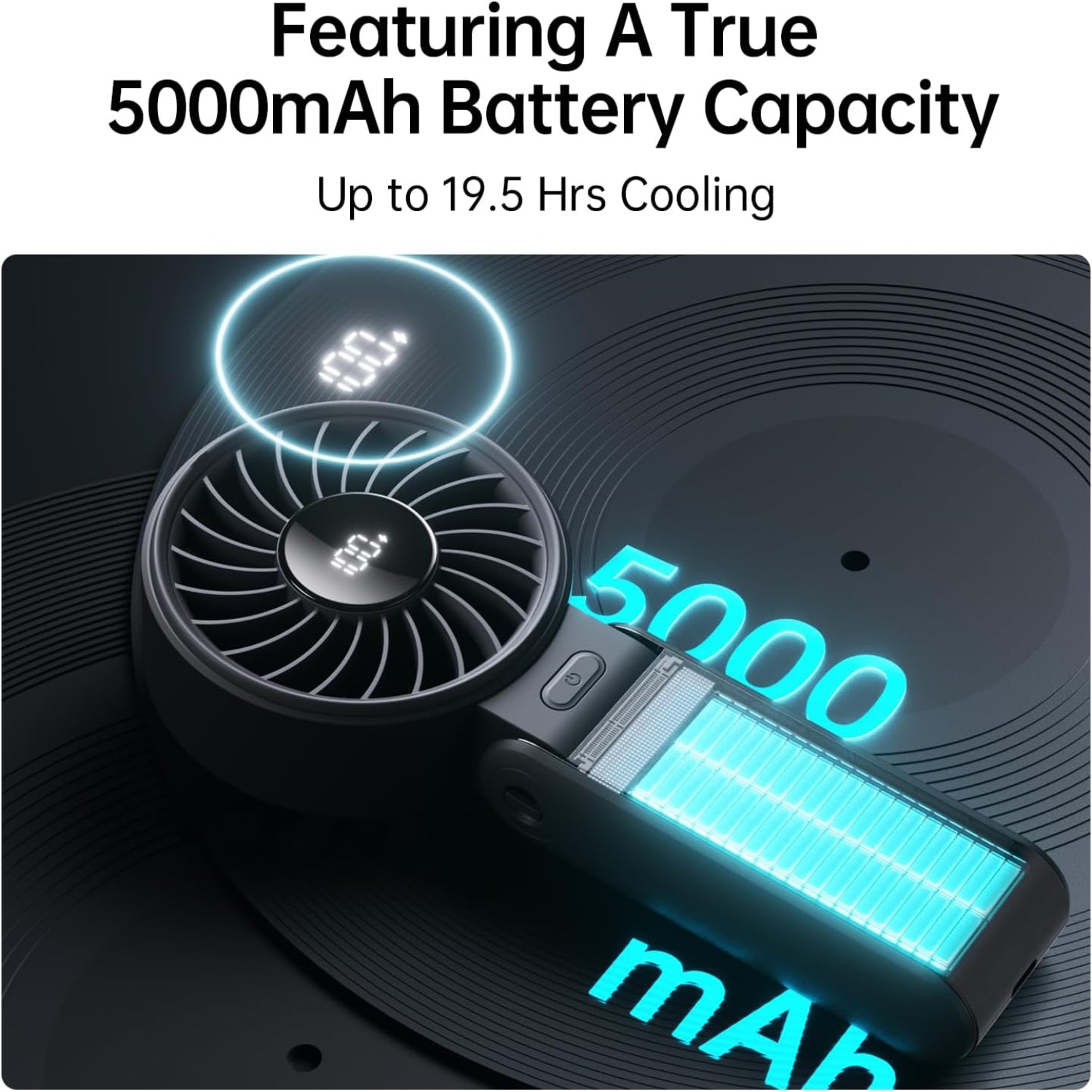 JISULIFE Handheld Fan Life7 with high-power motor and LED display, showing its compact design and adjustable settings.