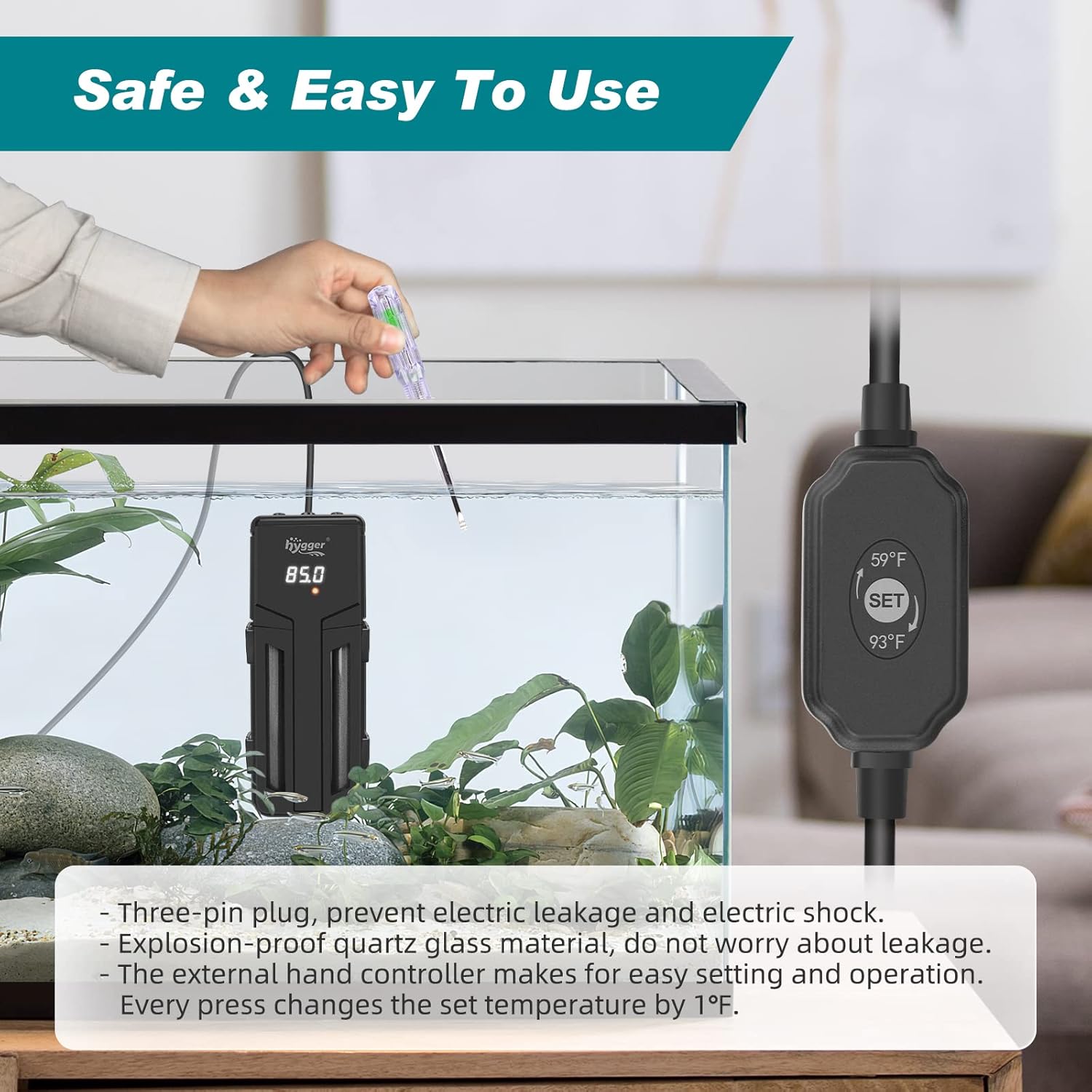 hygger submersible aquarium heater in black with adjustable temperature dial and power cord, suitable for fish tanks.
