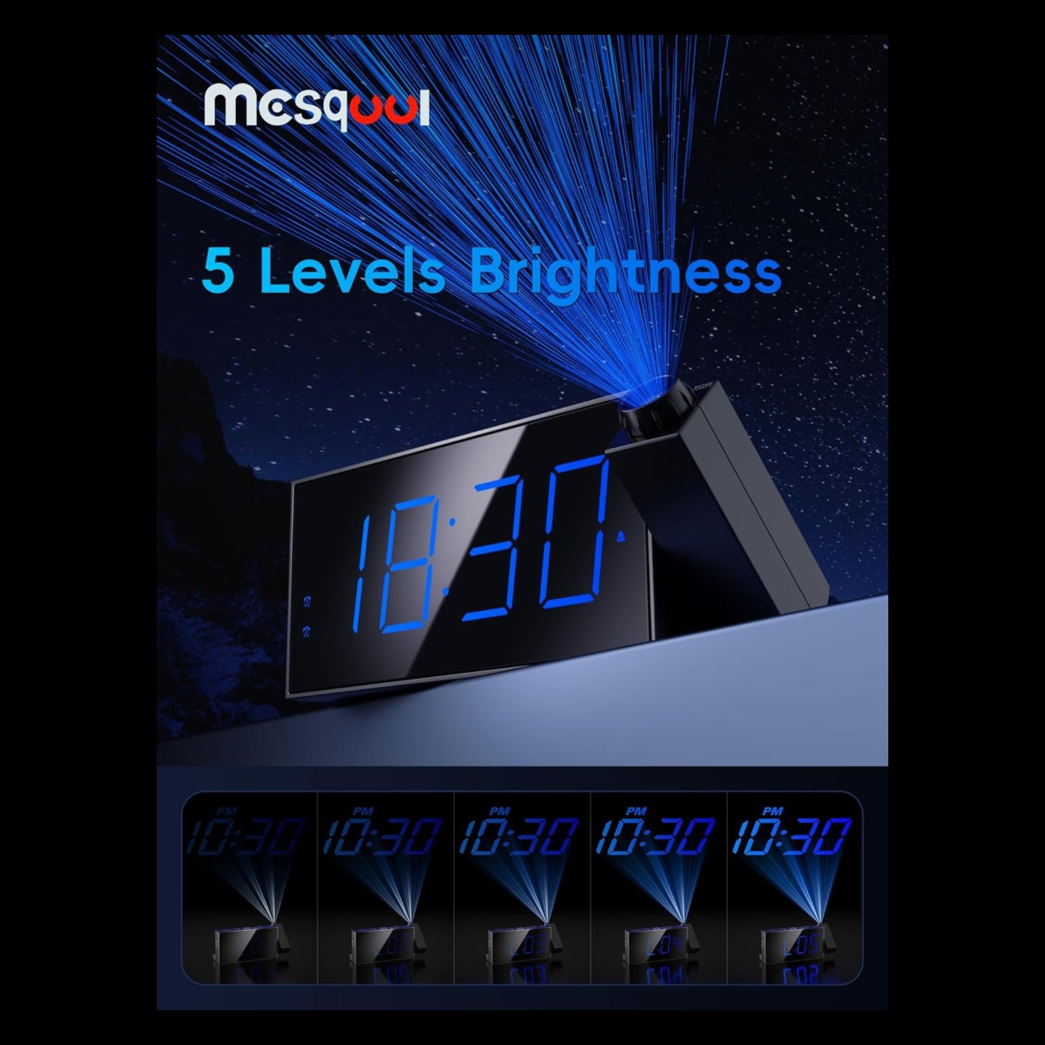 Mesqool digital projection alarm clock with large LED display and 180° rotatable projector for bedroom use.