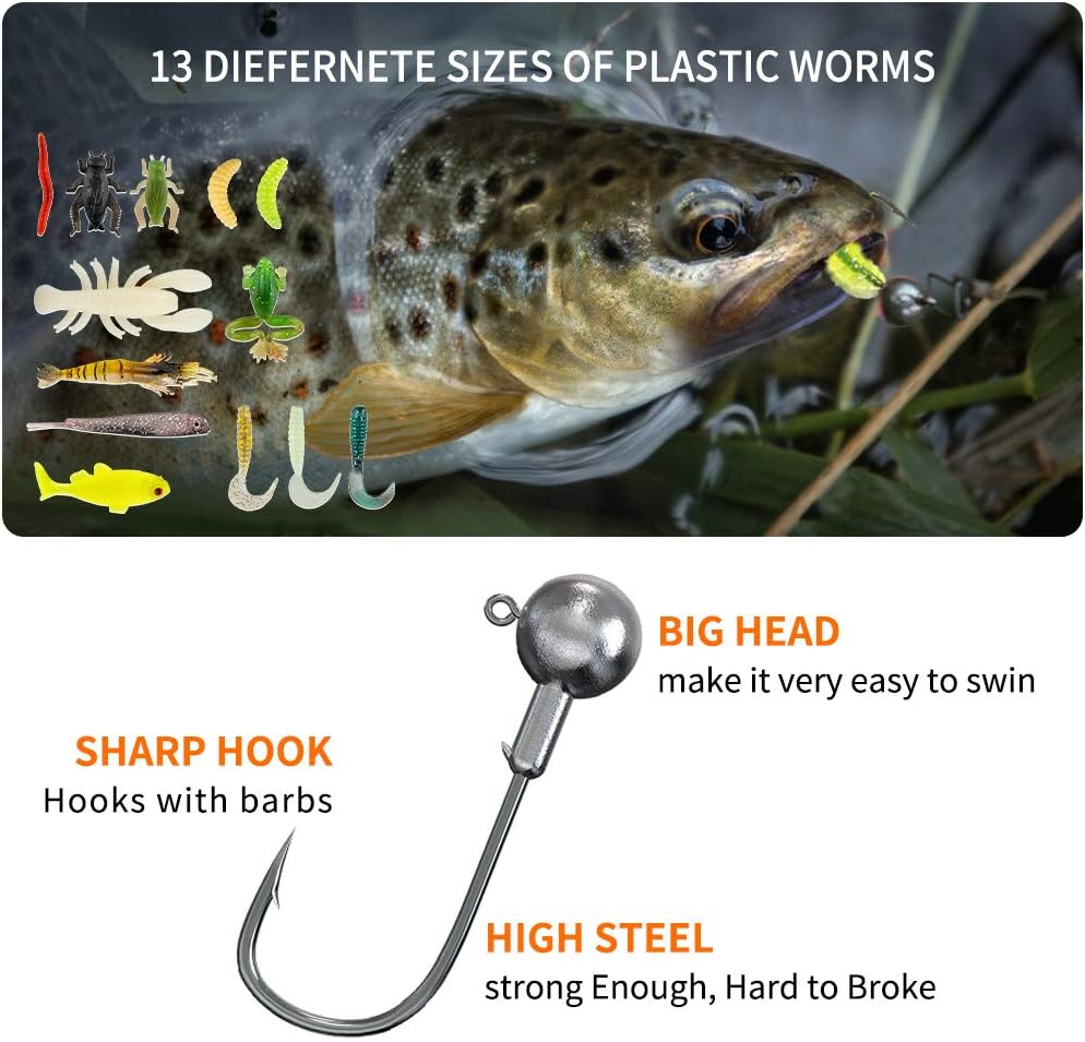 GOANDO fishing lures kit with various freshwater bait and tackle accessories for bass, trout, and salmon fishing.