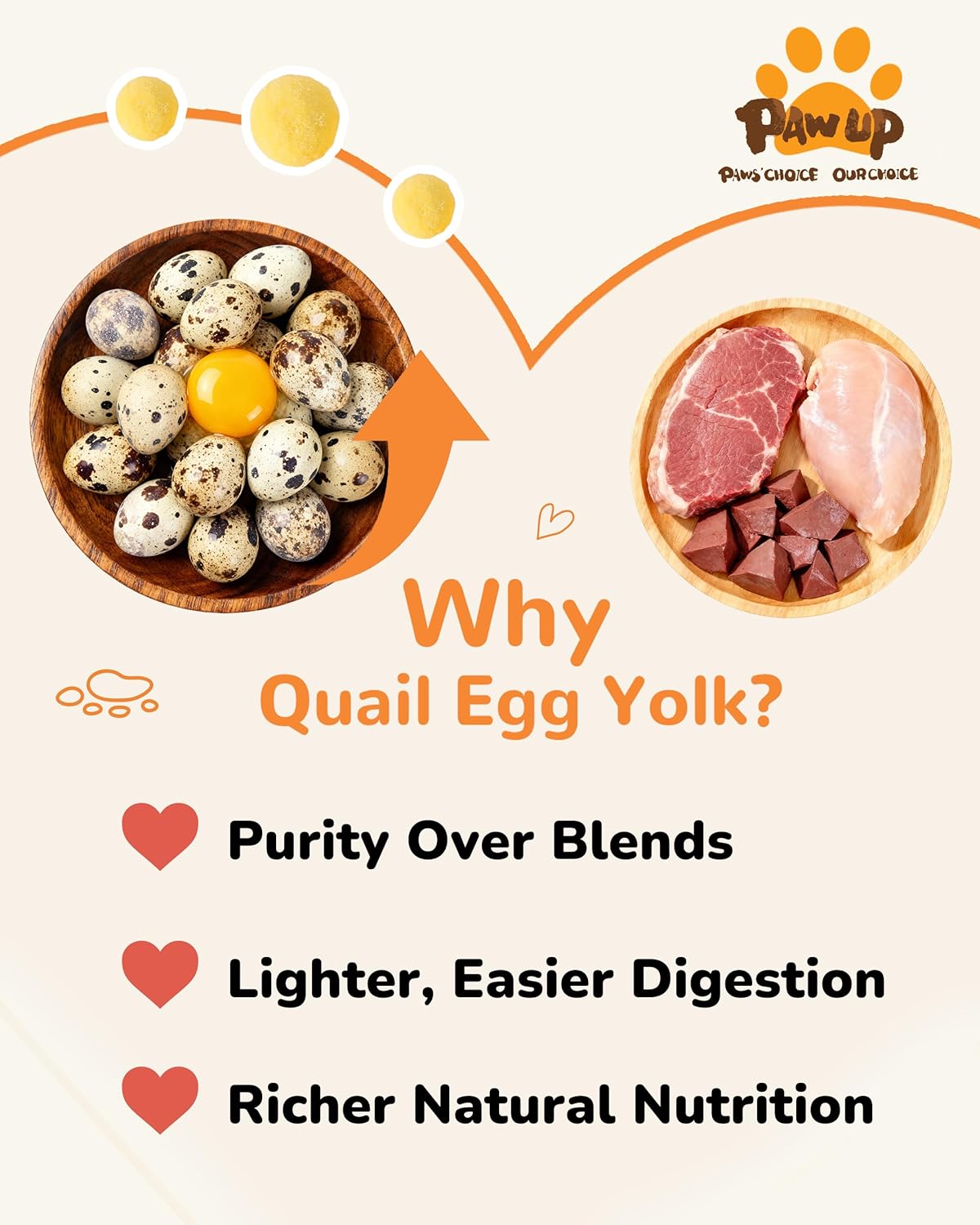 PAWUP freeze-dried quail egg yolk pet treats in 4.2 oz package, rawhide-free snack for dogs and cats.