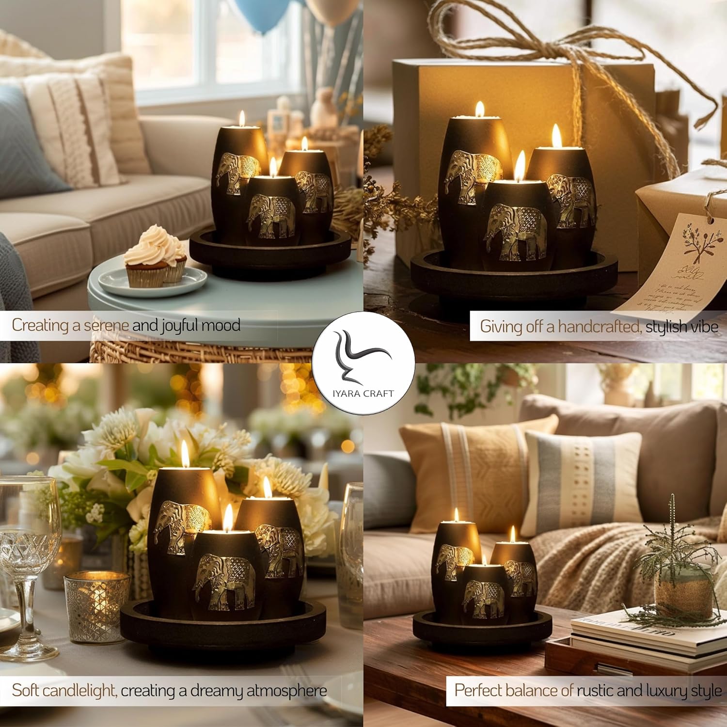 IYARA CRAFT Elephant Candle Holder Set with three handmade wooden tealight holders featuring elephant designs.