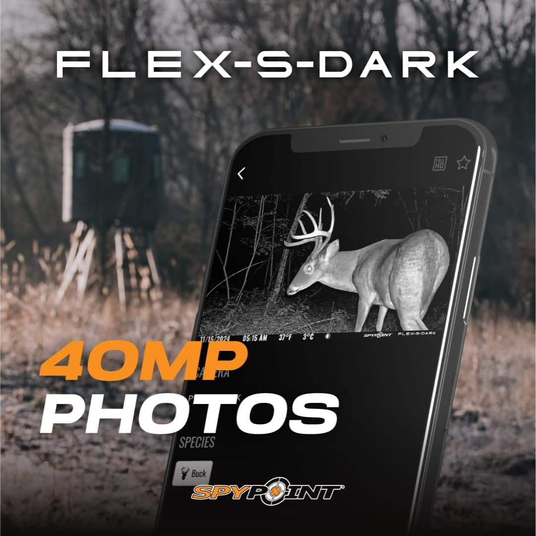 SPYPOINT Flex-S-Dark solar cellular trail camera with SD card, showcasing its compact design and lens for wildlife monitoring.