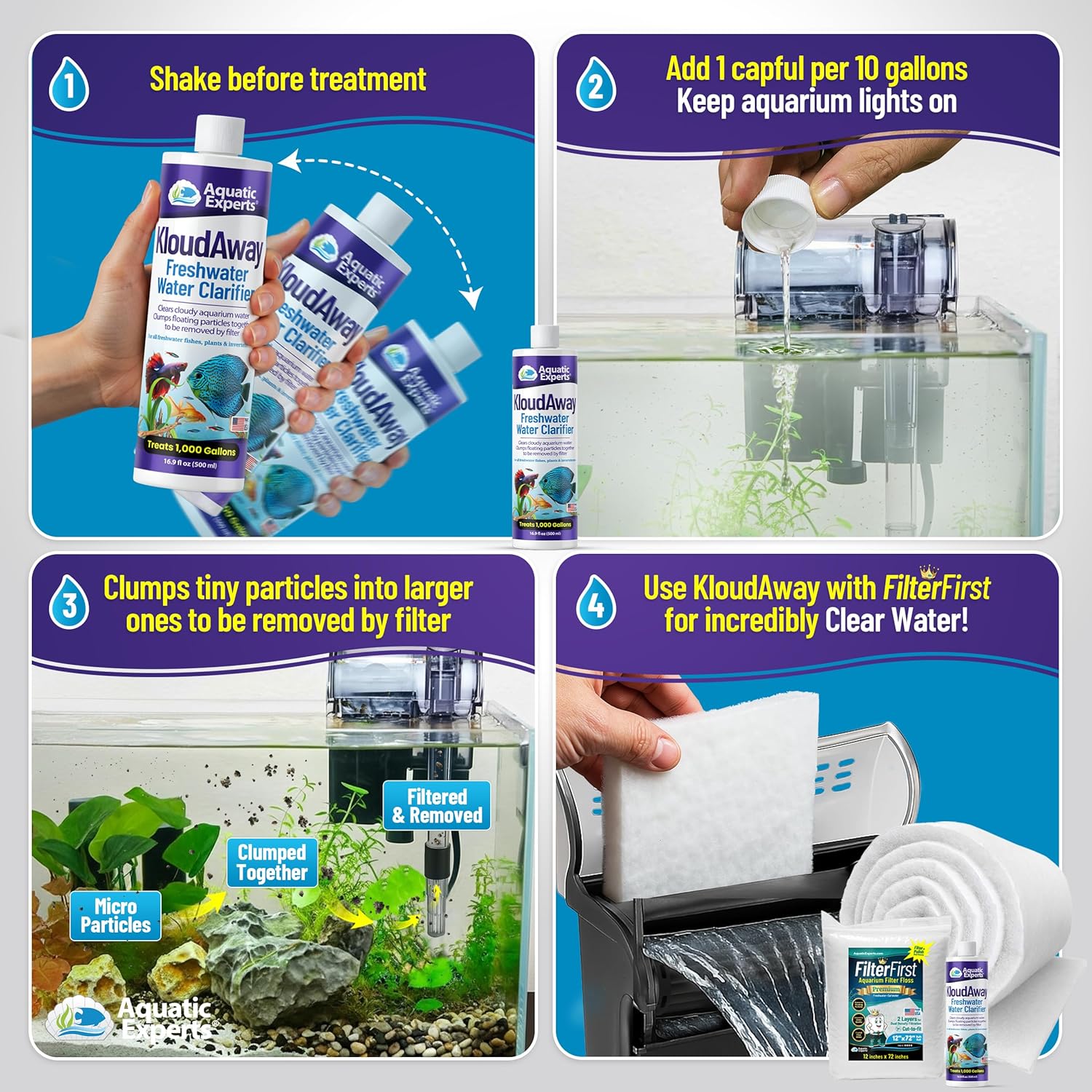 Aquatic Experts KloudAway freshwater aquarium water clarifier bottle showing label for clearing cloudy water in fish tanks.