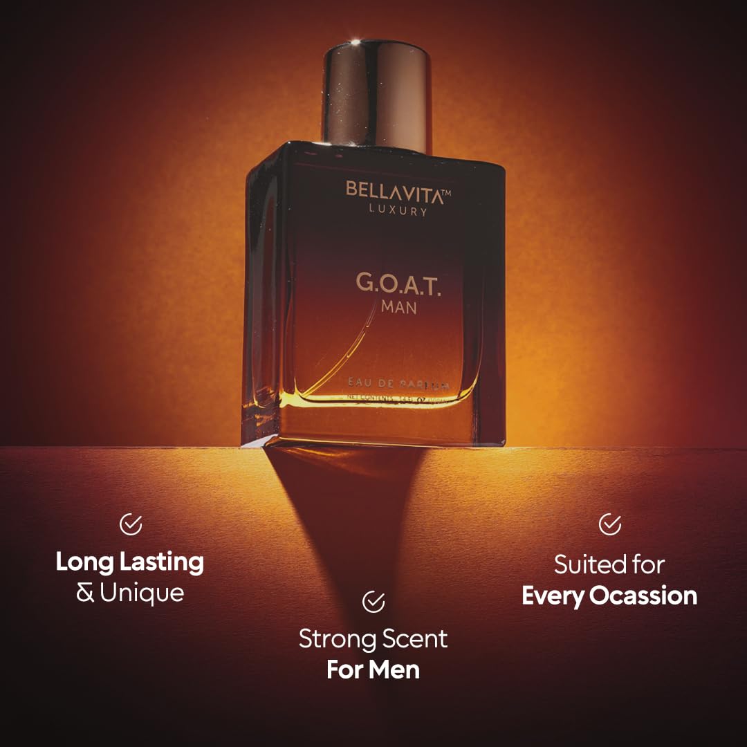 BellaVita Luxury G.O.A.T. men's Eau De Parfum bottle with sleek design and natural refreshing notes, 3.4 fl oz.