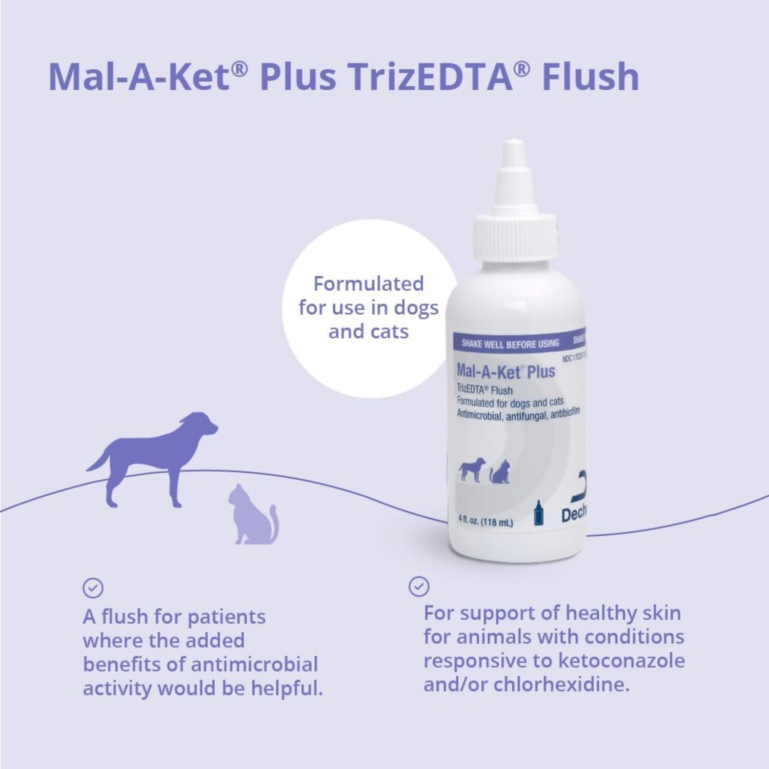 Mal-A-Ket Plus TrizEDTA Flush for cats and dogs in a 4 oz bottle, used for soothing and cleaning pet skin and ears.