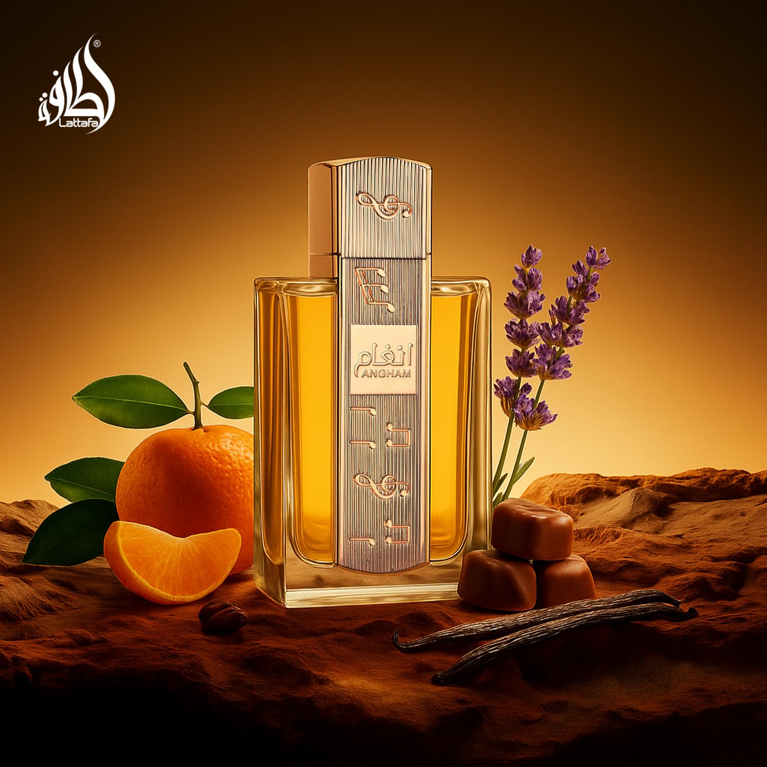 Lattafa Angham Eau de Parfum bottle with citrus, lavender, musk, amber, and vanilla notes on a sleek display.