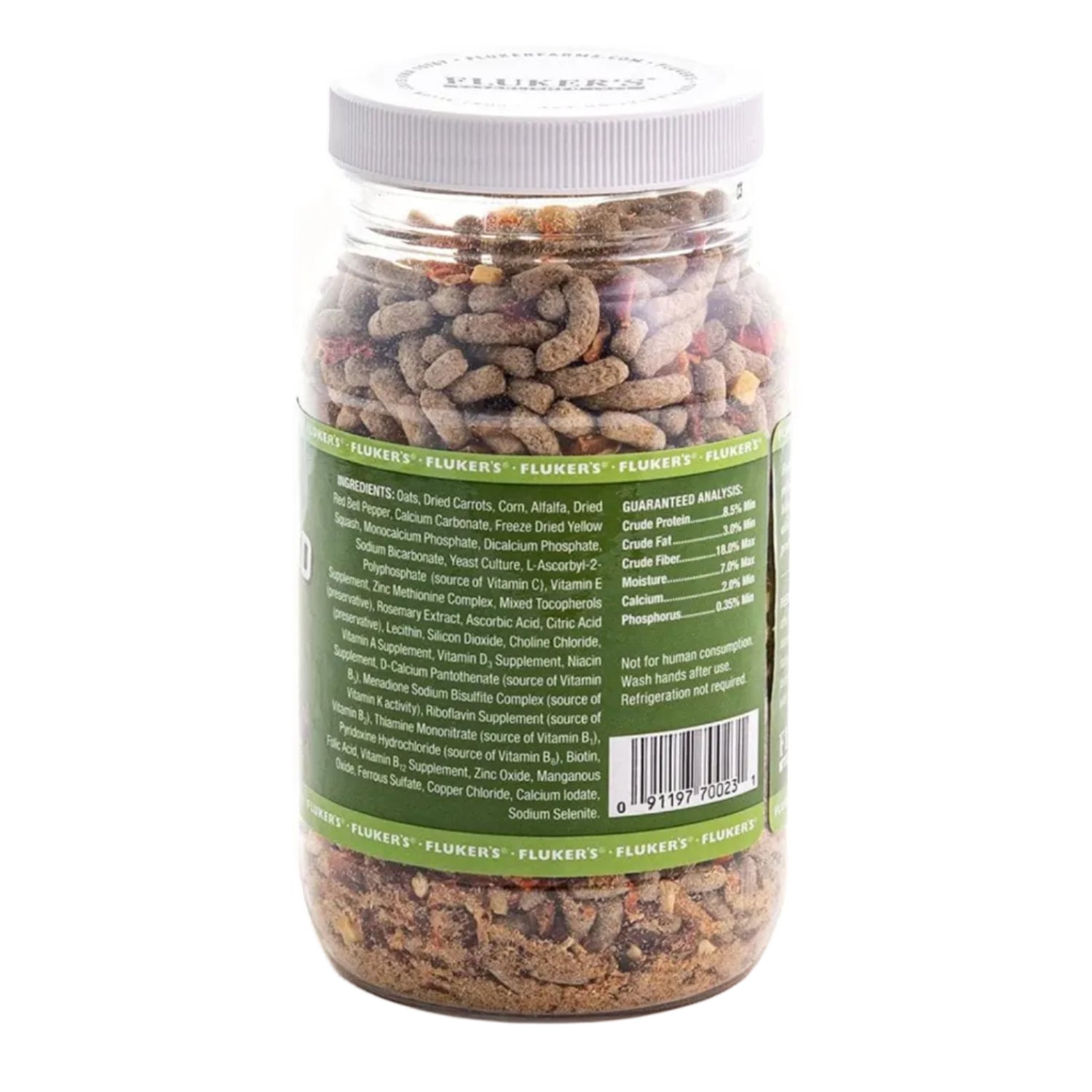 Fluker's Buffet Blend Tortoise Diet with veggies and fortified pellets in a 6.75 oz package, shown in a clear container.