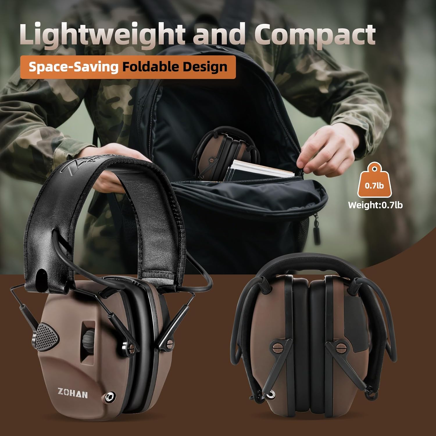 ZOHAN EM054 electronic shooting ear protection with 4X sound amplification and noise reduction, shown in a close-up view.