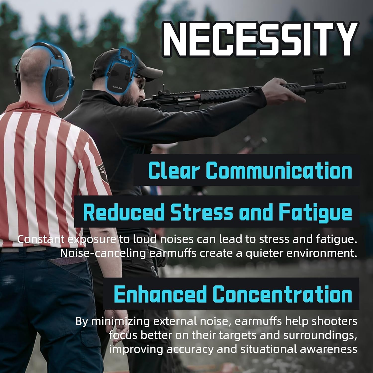 ZOHAN EM054 electronic ear protection headset for shooting range with adjustable headband and noise-canceling ear cups.