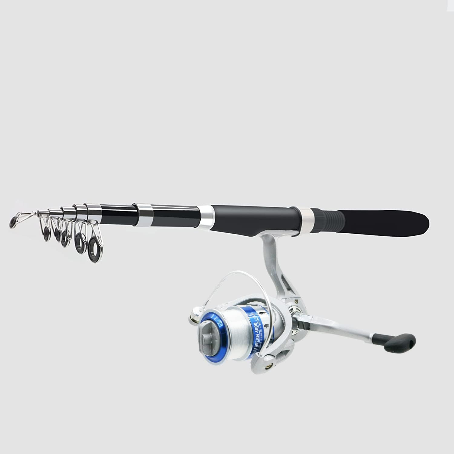 MiniStoream fishing pole combo set with two 2.1m collapsible spinning rods and reels, ideal for freshwater fishing.
