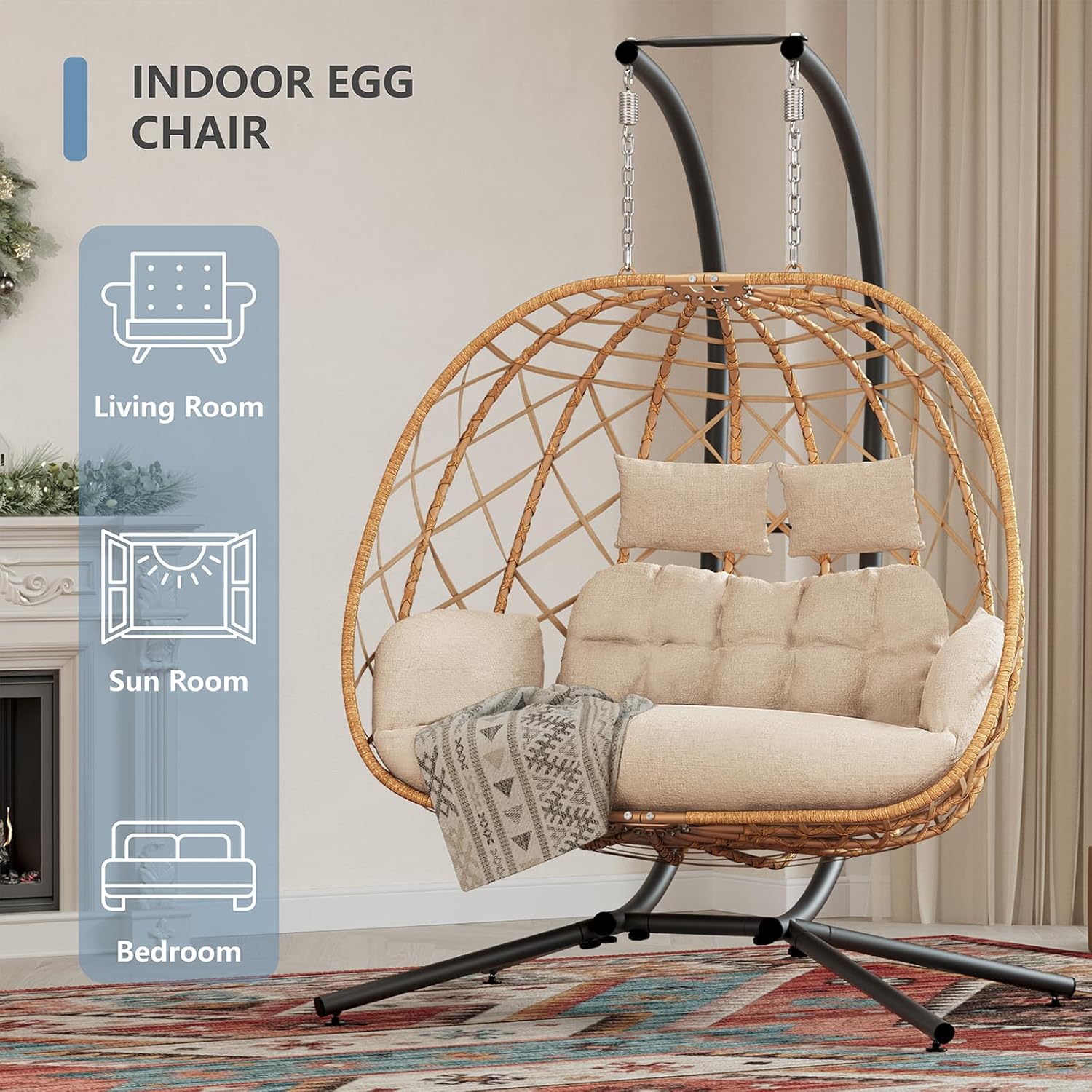 SWITTE double egg swing chair with stand, two-person outdoor and indoor hammock, featuring comfortable woven seating and sturdy frame.