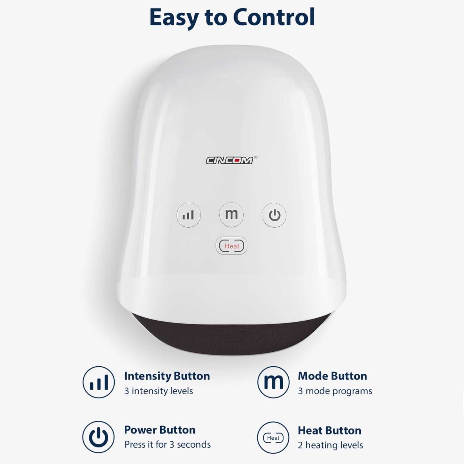CINCOM cordless hand massager with heat and compression, showing the device with adjustable controls and ergonomic design.
