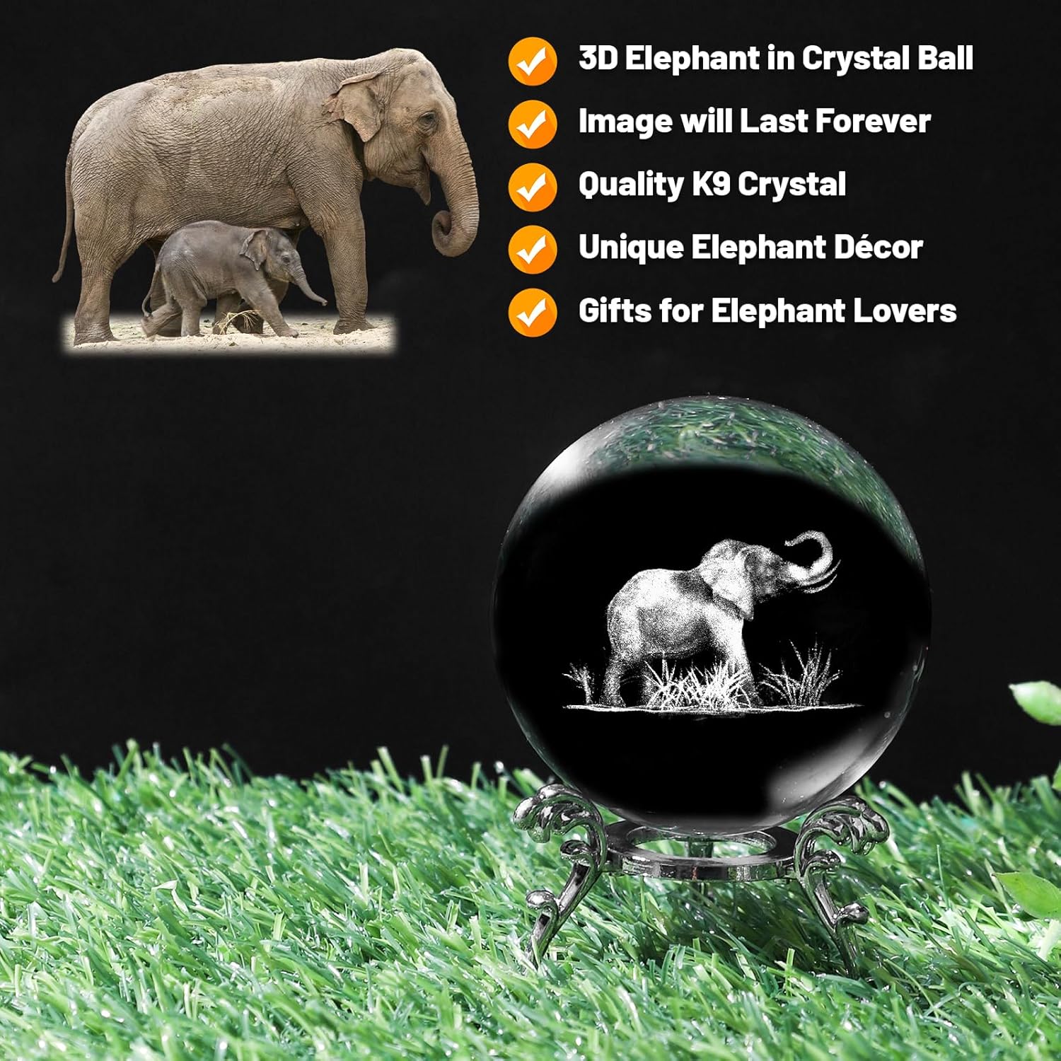 Lase engraved 3D elephant crystal ball with stand, glass sphere paperweight decor by PYJ3DLAMP showing detailed elephant design.