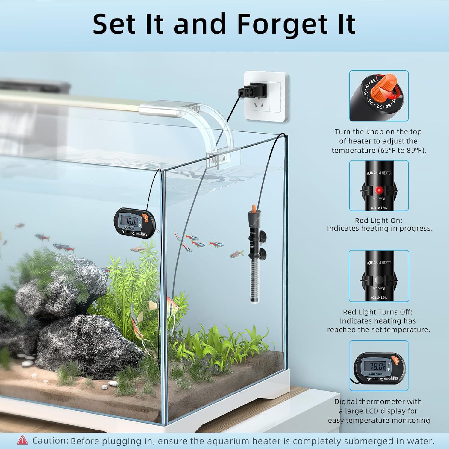 HiTauing aquarium heater with adjustable temperature control, available in 25W to 300W, showing the heater and control dial.