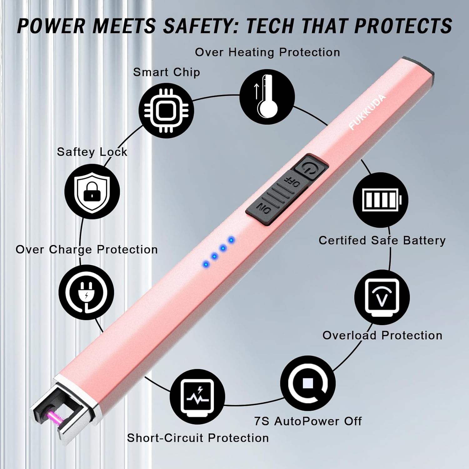 FUKKUDA electric candle lighter with safety switch, USB rechargeable, windproof design, shown with lit candle in hand.