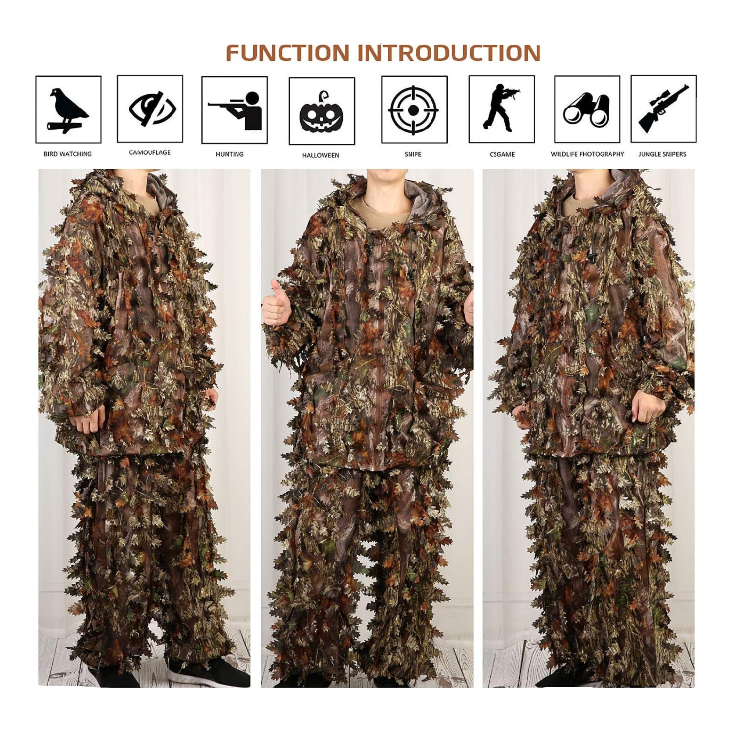 EAmber ghillie suit with 3D leaf camouflage pants for hunting, designed for heights 5.9 to 6.3 feet, outdoor camo clothing.
