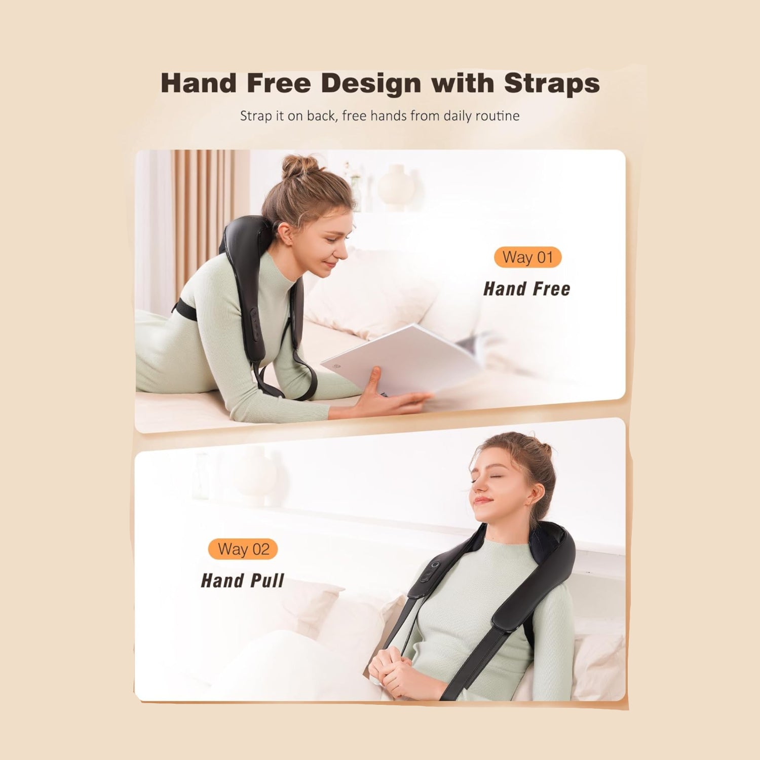 KNQZE cordless neck and shoulder massager with heat, showing a black ergonomic device designed to target back and neck muscles.