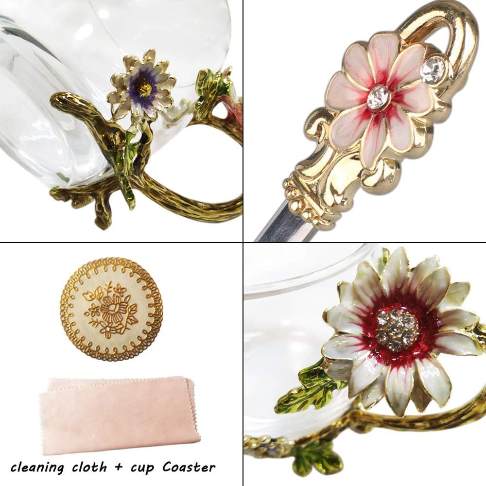 Enamel sunflower crystal glass tea cup with matching spoon set, lead-free and decorative for enjoying tea.