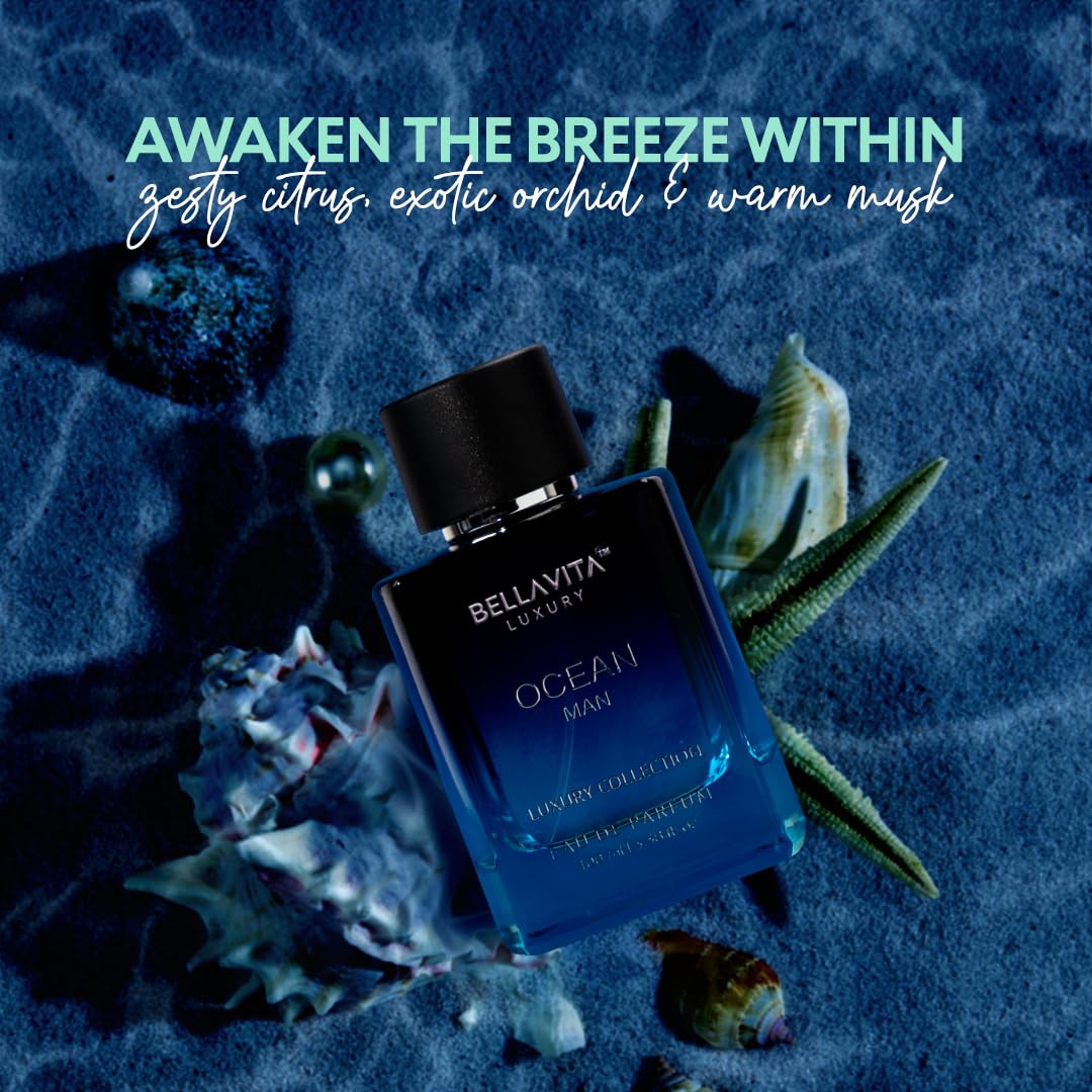 BellaVita Luxury Ocean Eau de Perfume for Men in 100ml bottle, featuring fresh aquatic notes of bergamot, orchid, and jasmine.