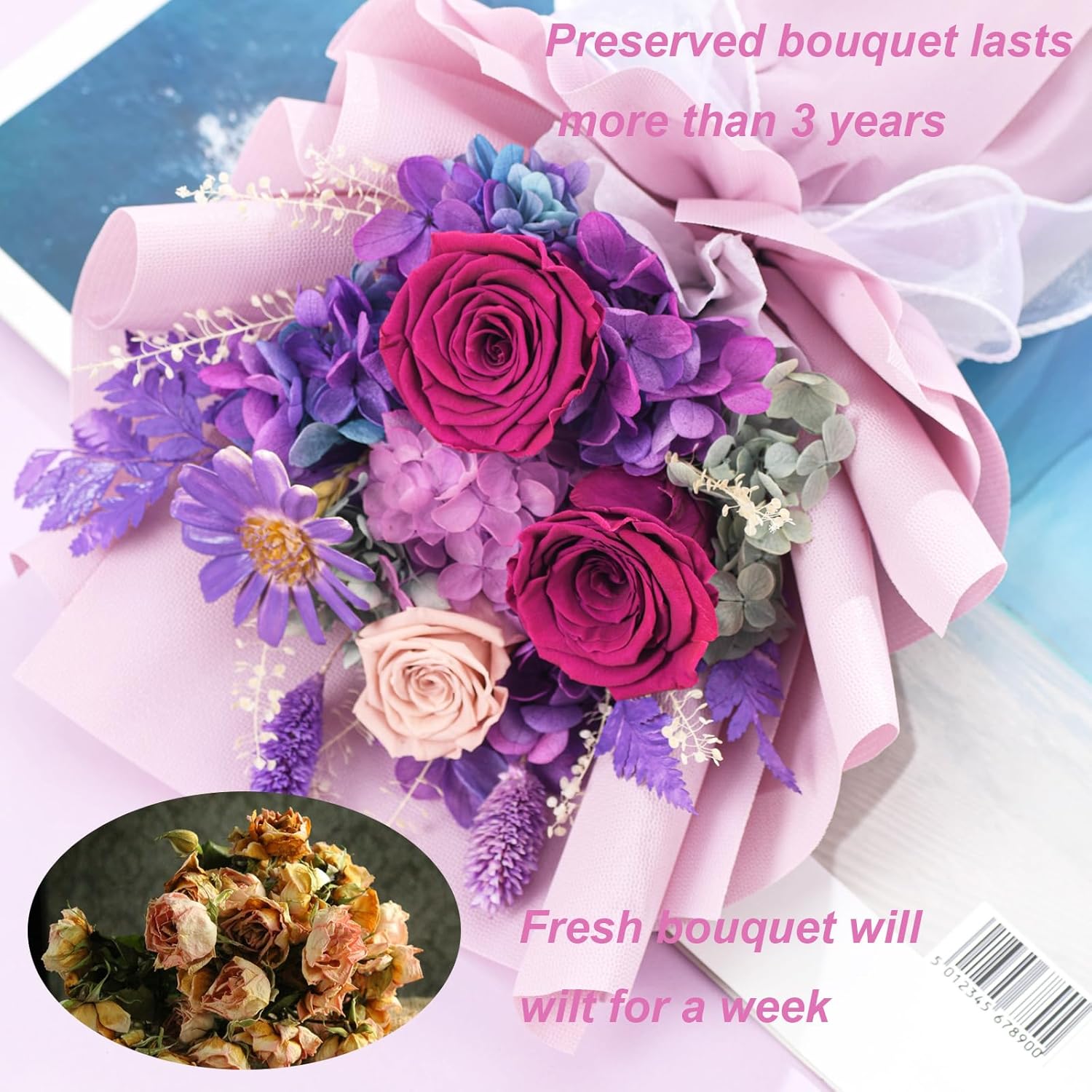 Lovenfold preserved purple rose bouquet with mixed flowers, arranged in a decorative bouquet for delivery.