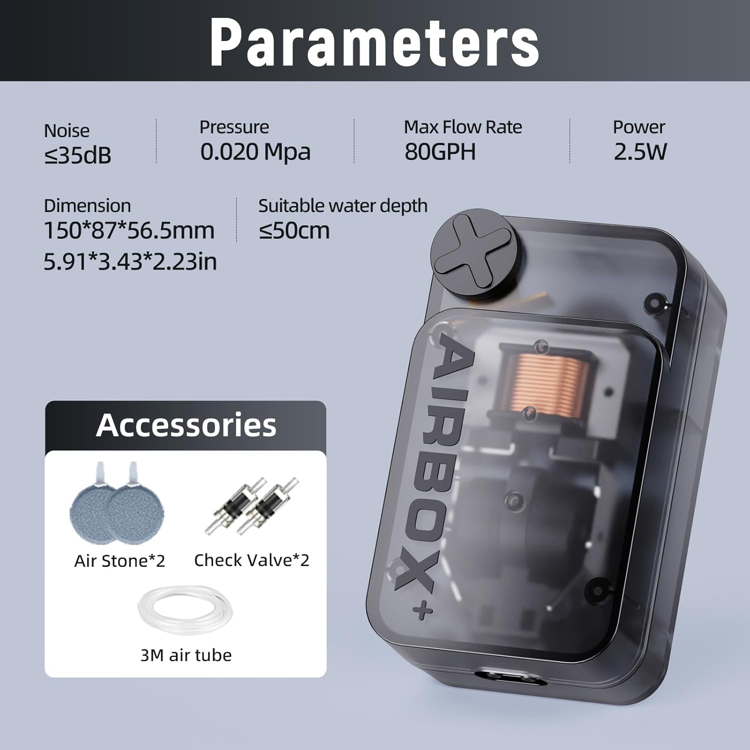 AQUASMITH ultra-silent small air pump for aquariums, compact design with high output aerator for fish tanks.
