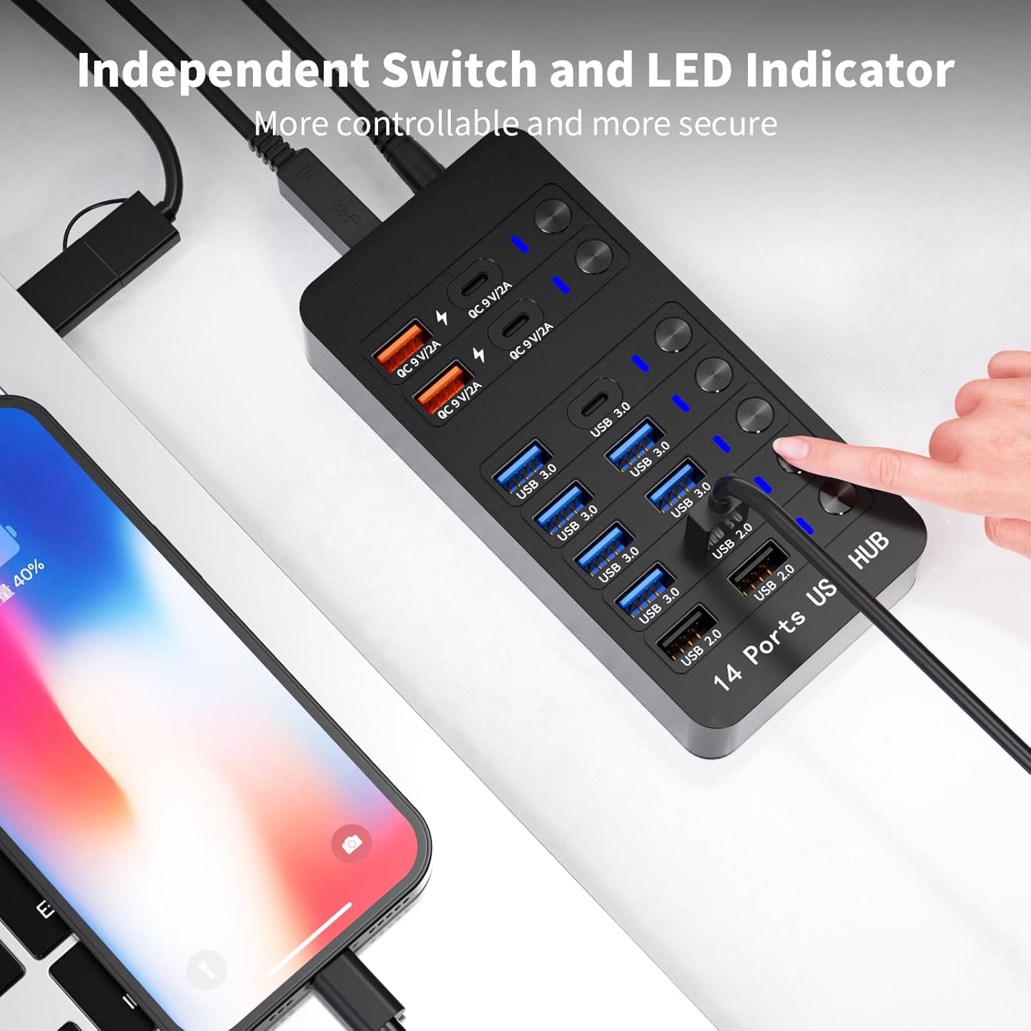 Powered USB Hub, 14 Ports USB Splitter Hub (10 Faster Data