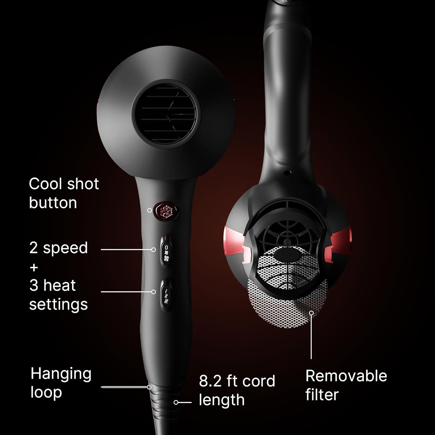 TREZORO professional hair dryer with ionic ceramic tourmaline technology, featuring a sleek black design and multiple heat settings.