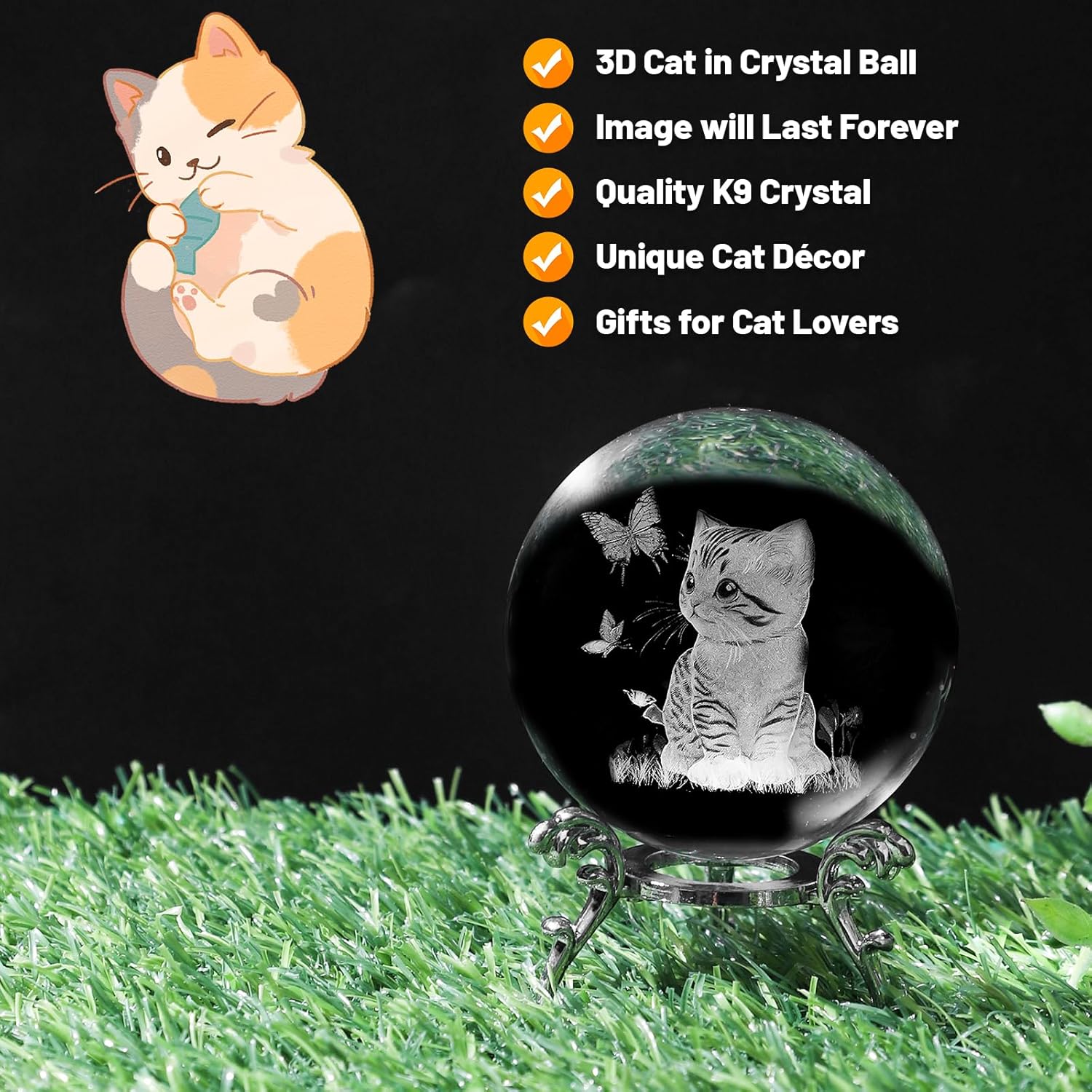 3D cat crystal ball with stand, laser-engraved glass sphere paperweight, decorative cat decor gift by PYJ3DLAMP