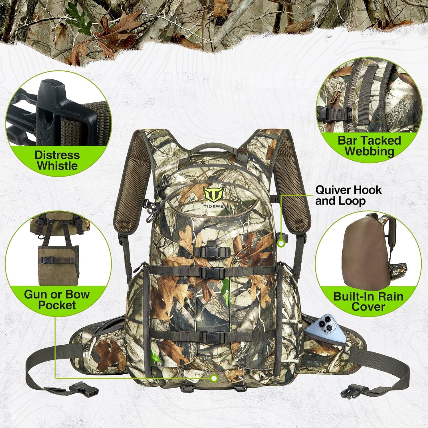 TIDEWE waterproof camo hunting backpack with rain cover, designed for outdoor hunting and gear storage.
